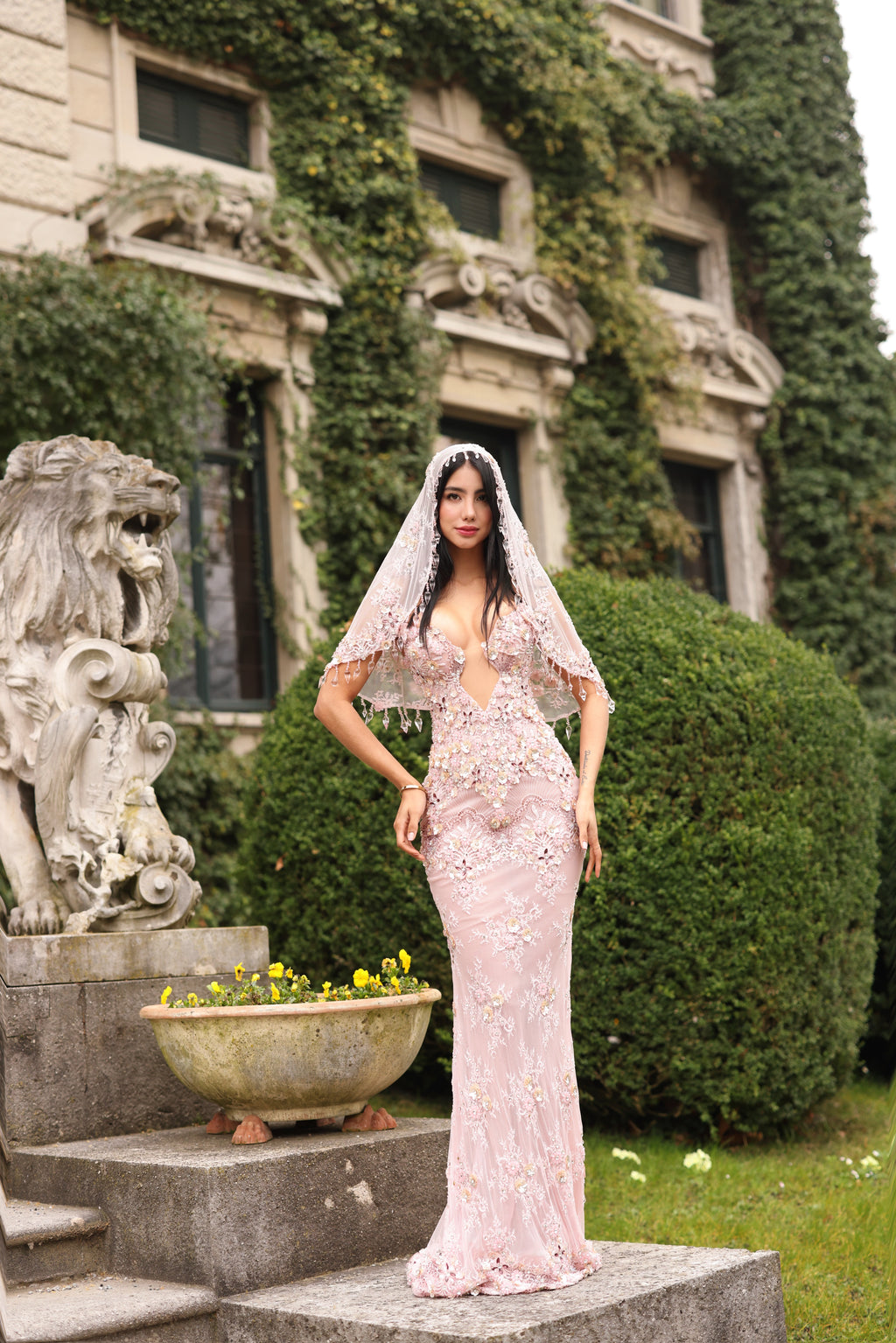 Bellaria - Embellished Deep V Lace Gown