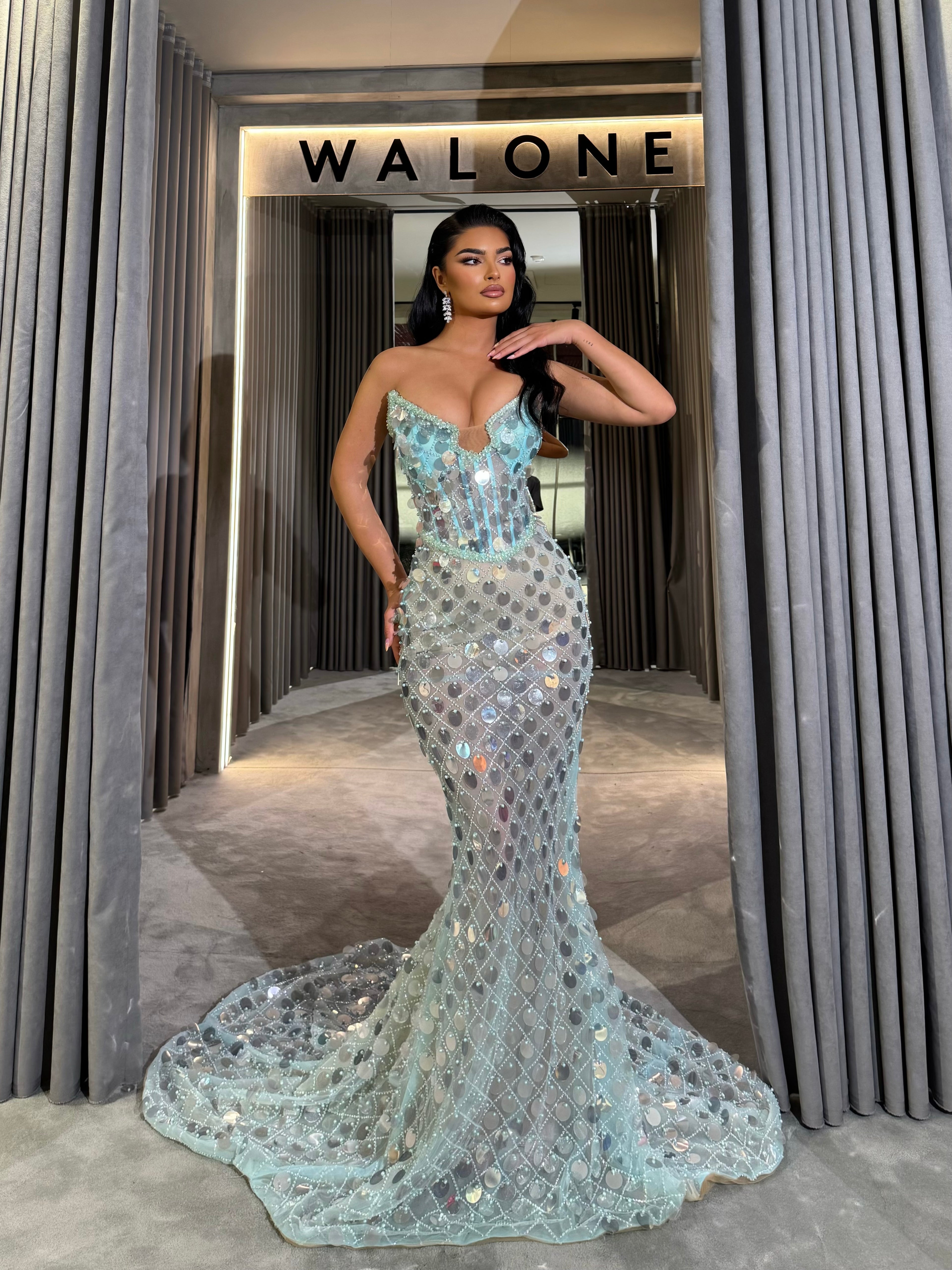 Long dress with crystal mesh overlay and structured corset bodice Walone LLC Long dress with crystal mesh overlay and structured corset bodice Walone LLC