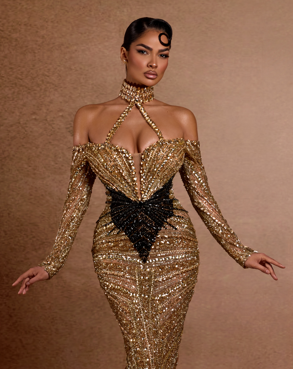 Gold & Black Sequin Halter Dress