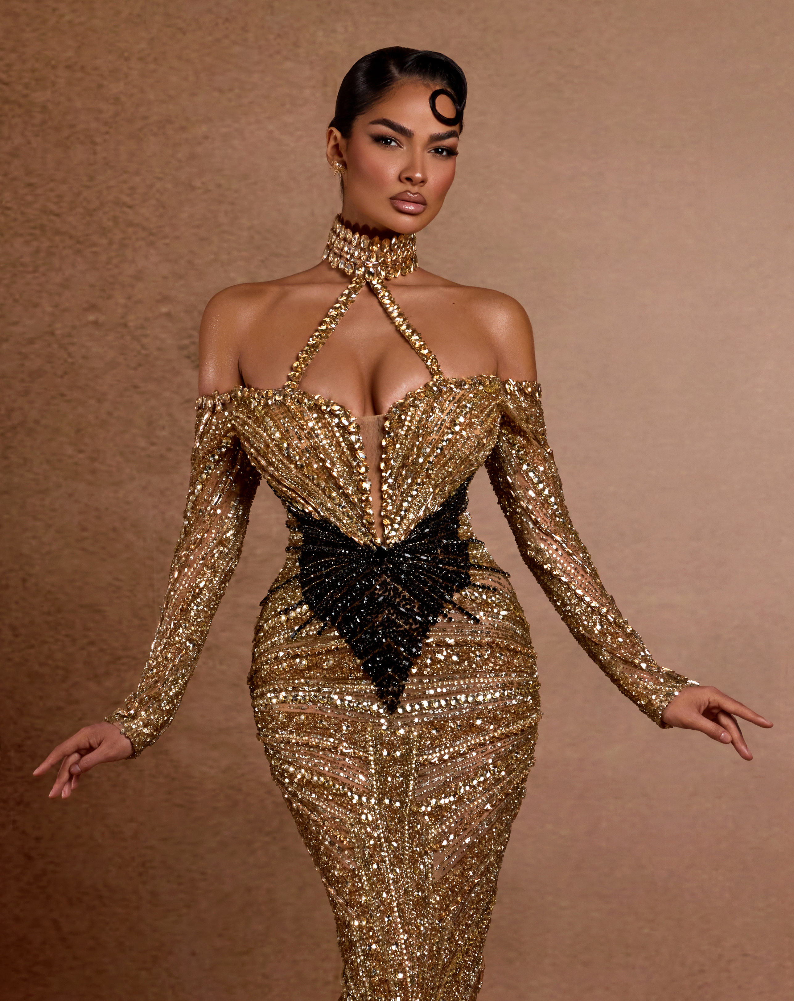 Gold & Black Sequin Halter Dress