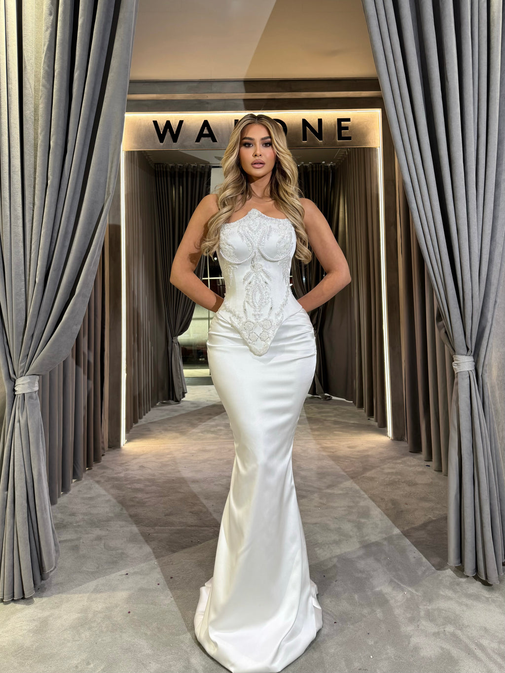 White Gown with Beaded Appliqué Bodice