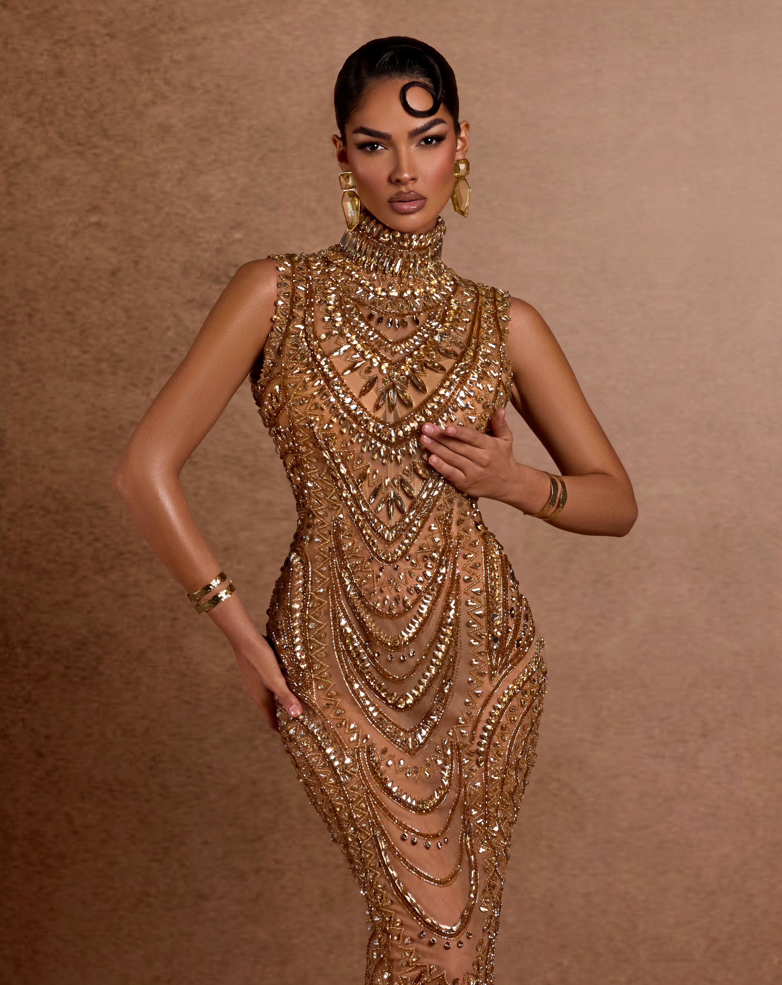 High Neck Gold Embellished Dress