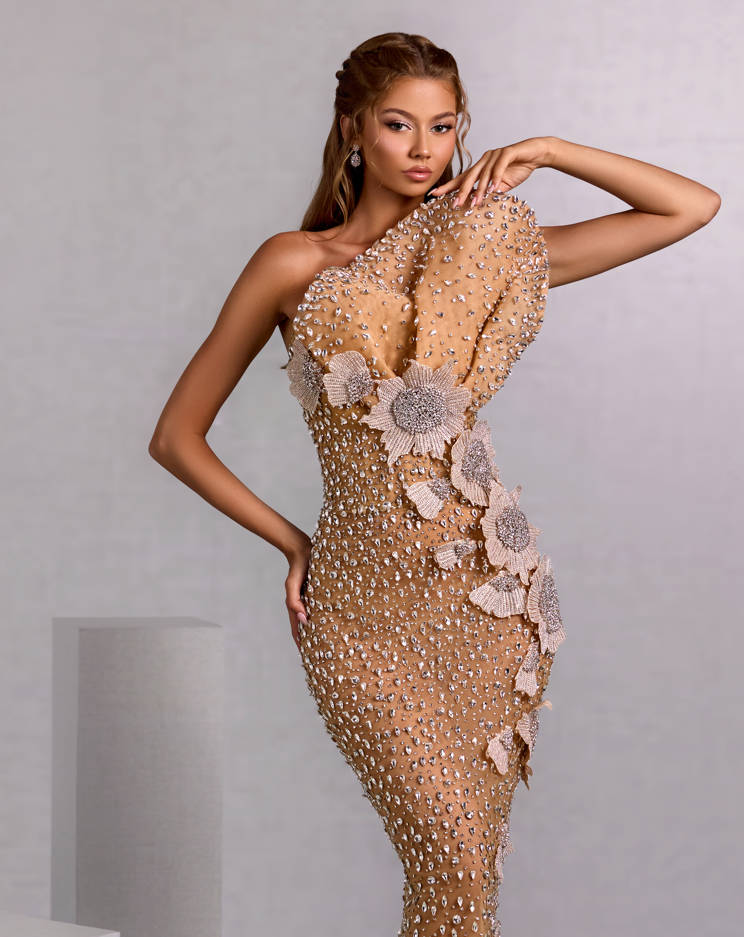 Asymmetrical Crystal Gown with 3D Silver Floral Appliqus Walone LLC Asymmetrical Crystal Gown with 3D Silver Floral Appliqus Walone LLC