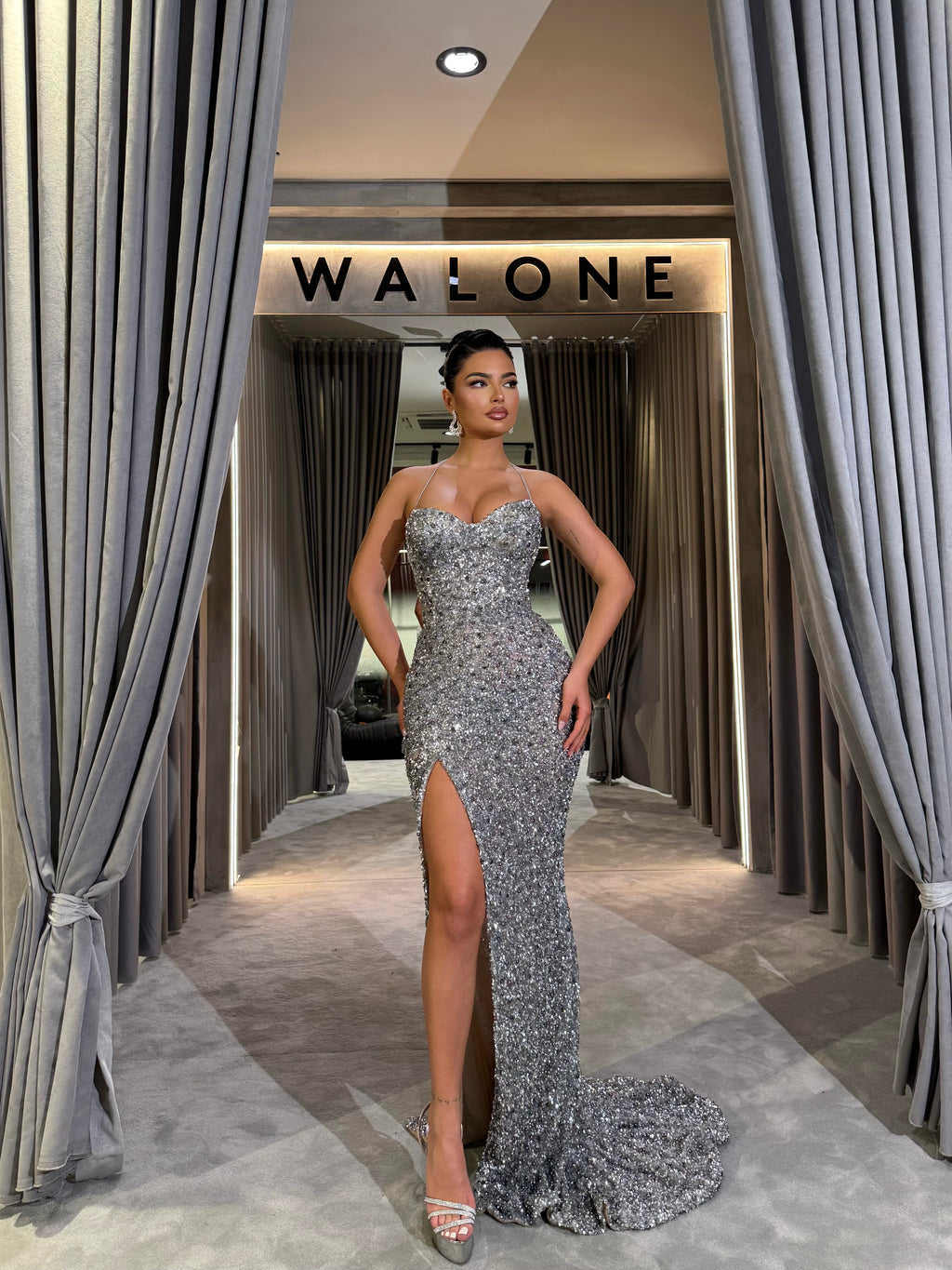 Crystal Embellished Spaghetti Strap Gown