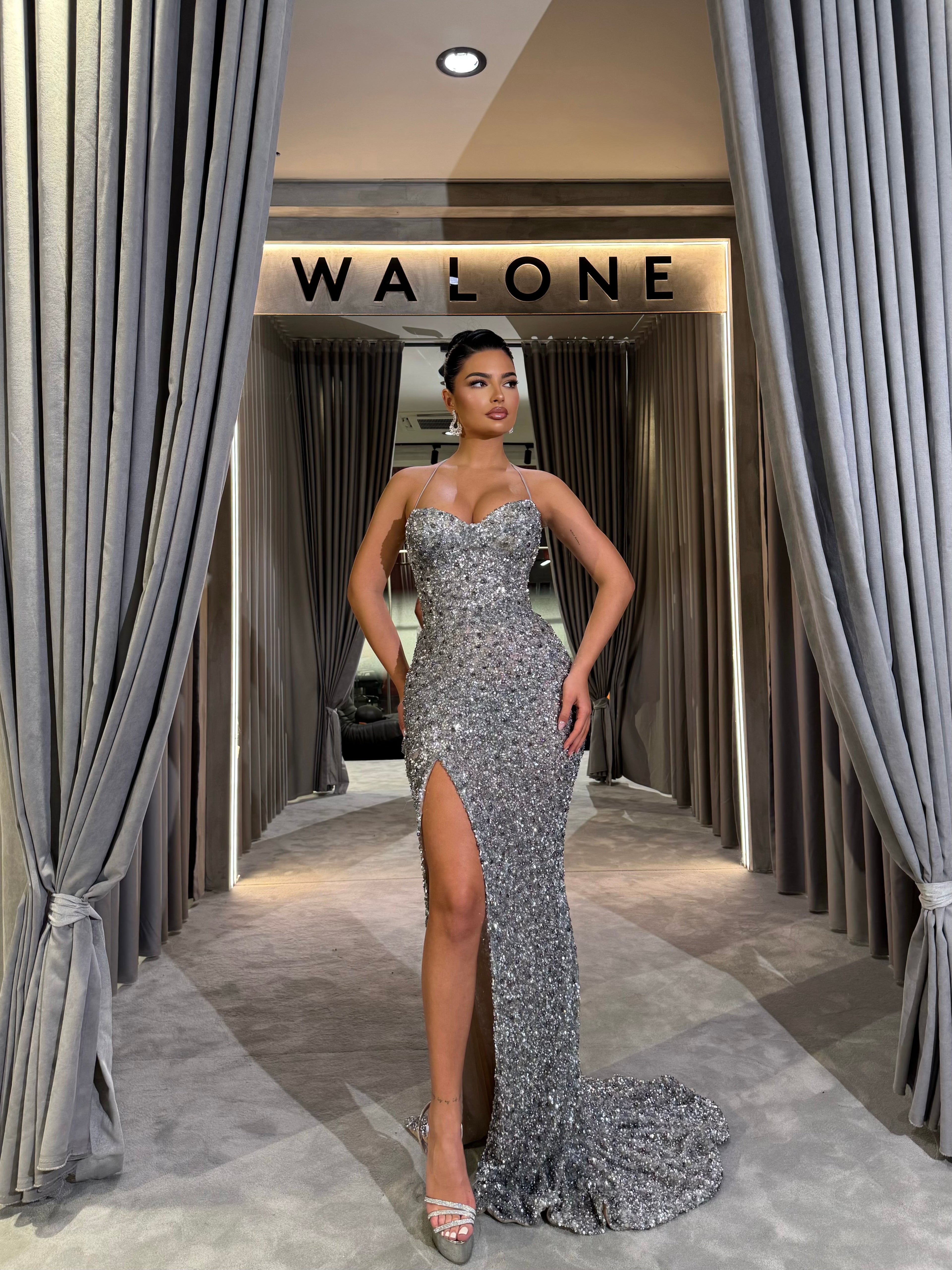 Crystal Embellished Spaghetti Strap Gown