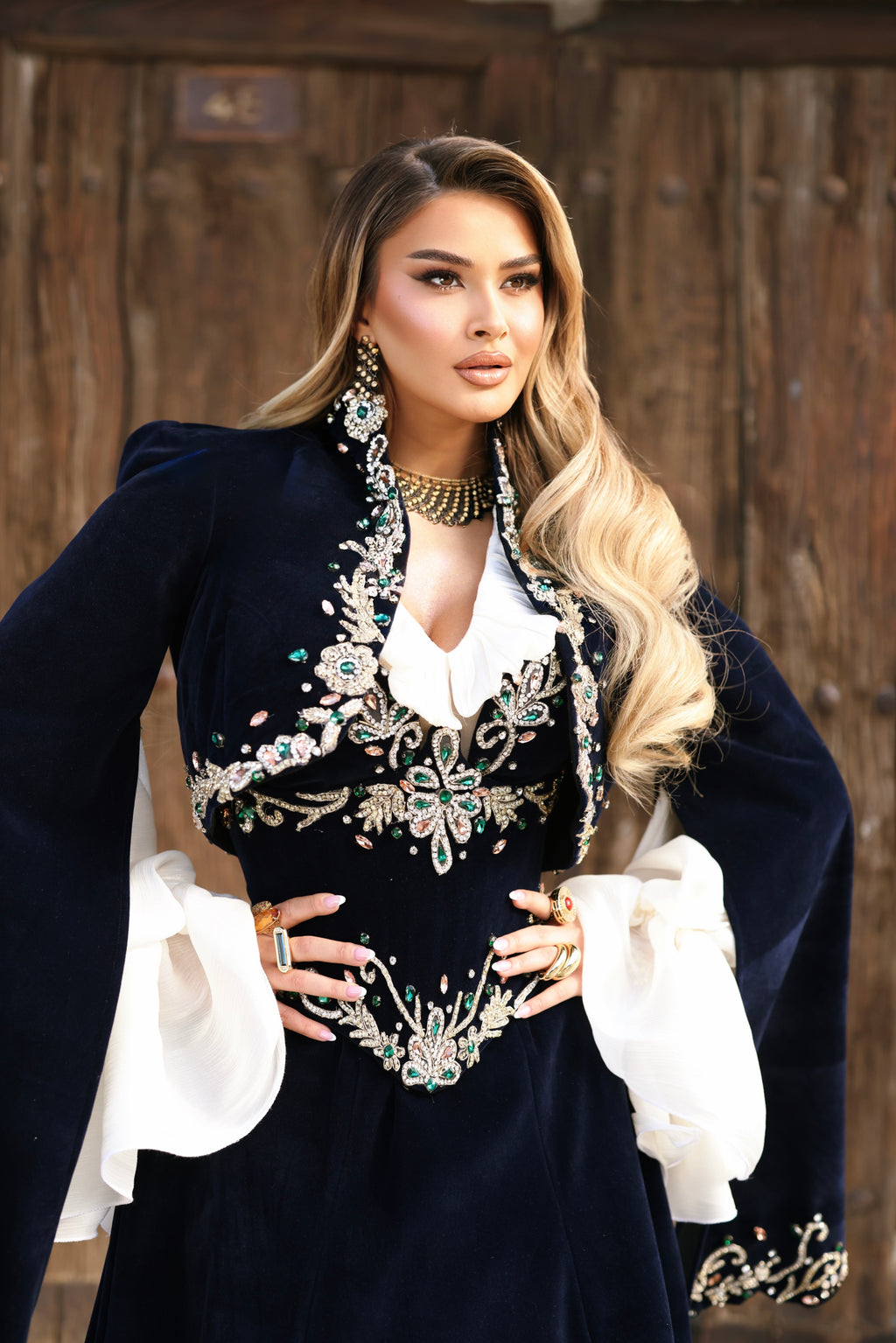 Donika - Velvet Gown with Crystal Waist Embroidery