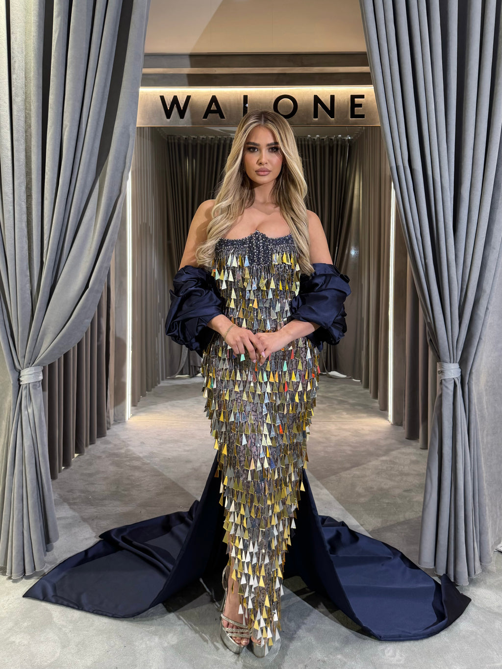 Metallic Shard Sequin Gown with Detachable Satin Sleeves