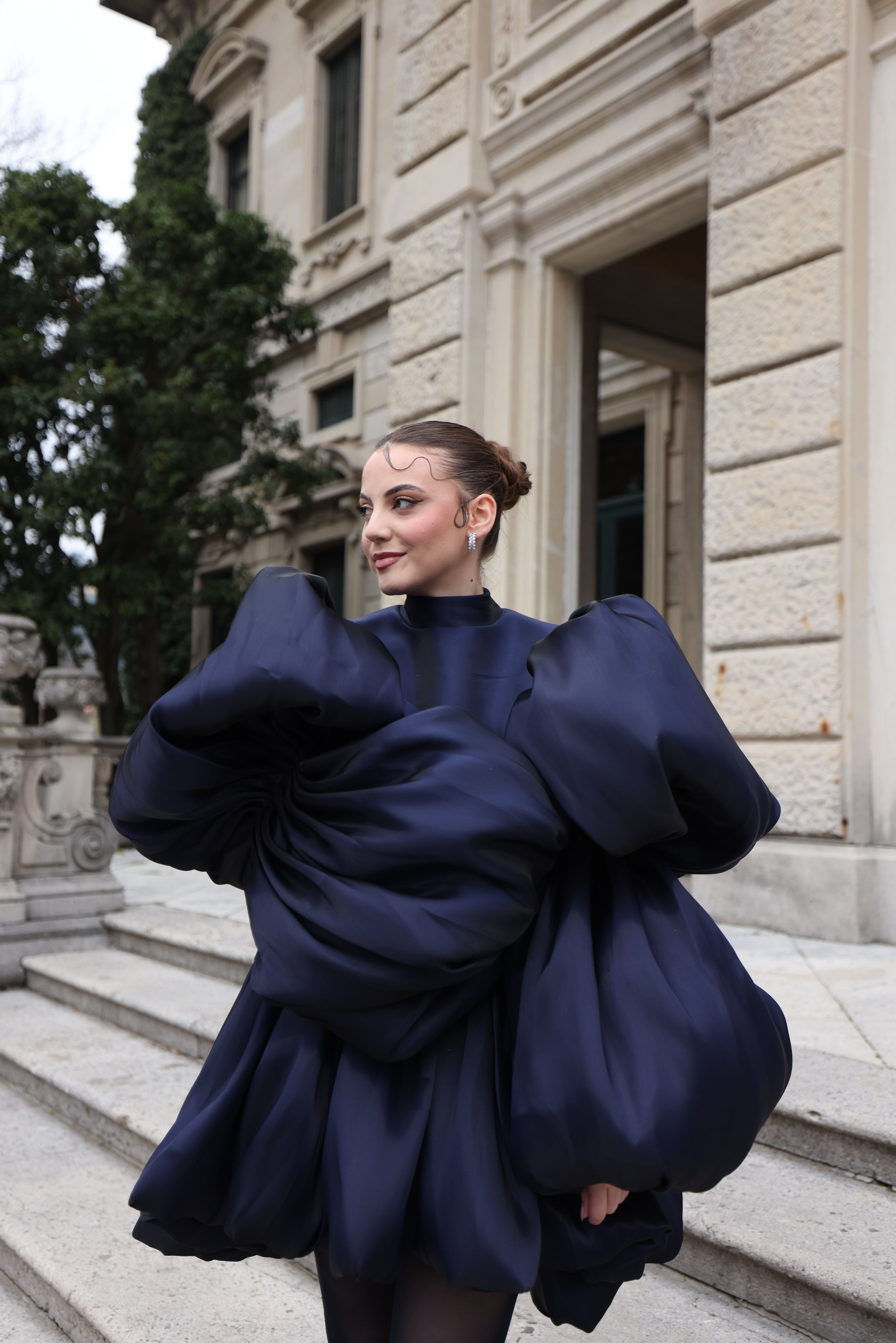 Evelina - High-Neck Puff Sleeve Mini Dress