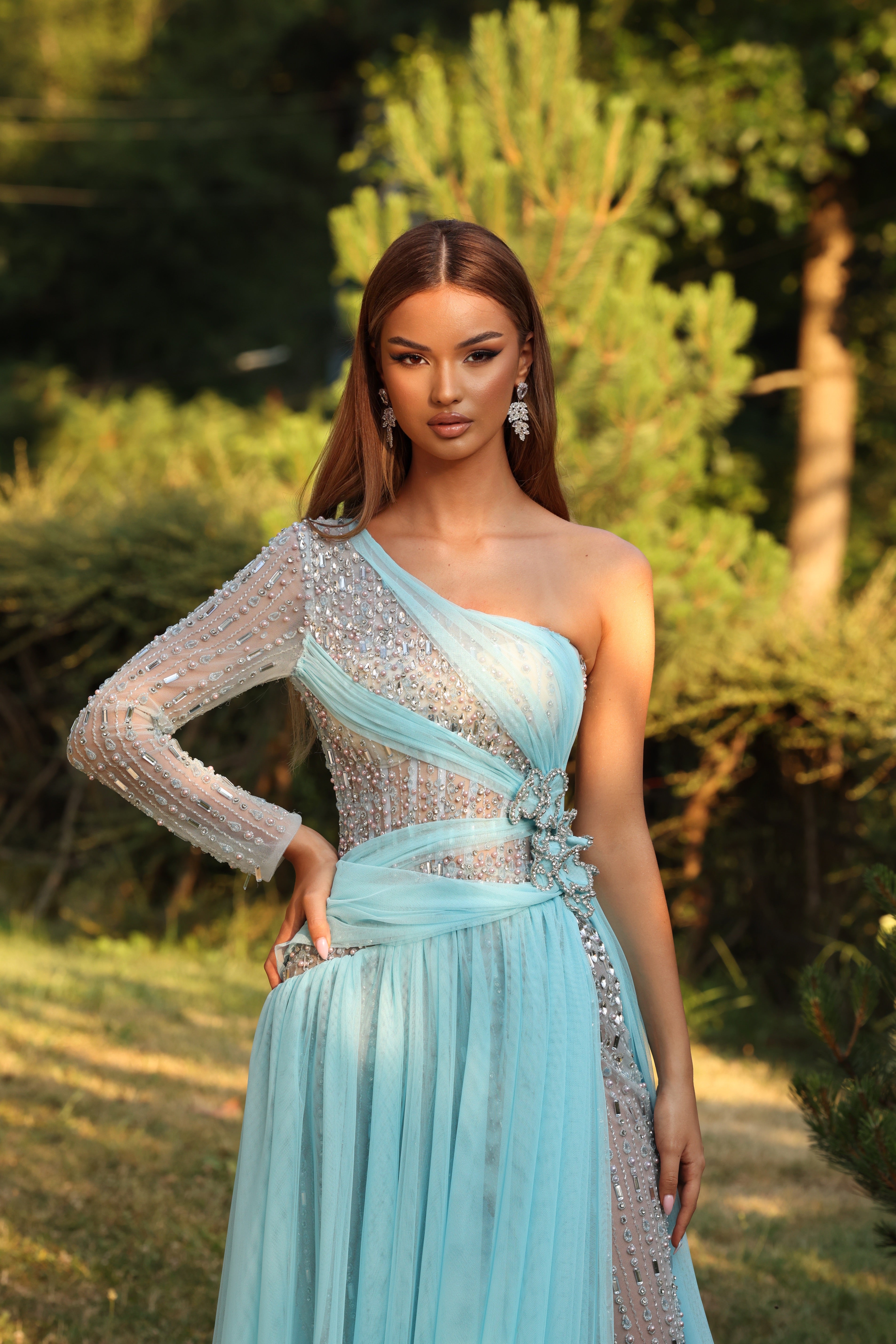 Aurelia – One Shoulder Crystal Tulle Gown – Walone LLC