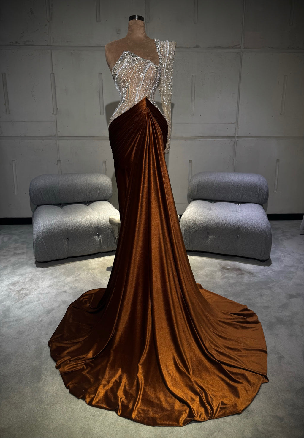 Ameera - Copper One Shoulder Gown with Crystal Corset