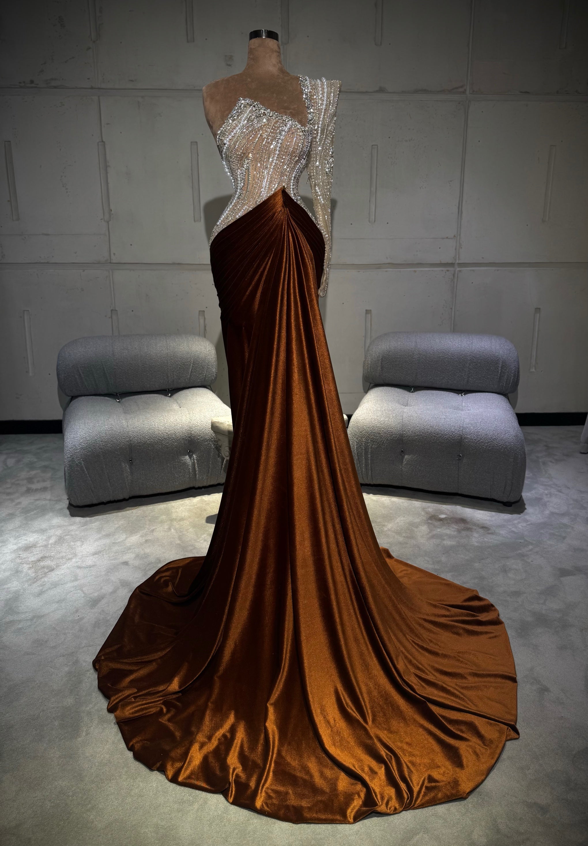 Ameera - Copper One Shoulder Gown with Crystal Corset