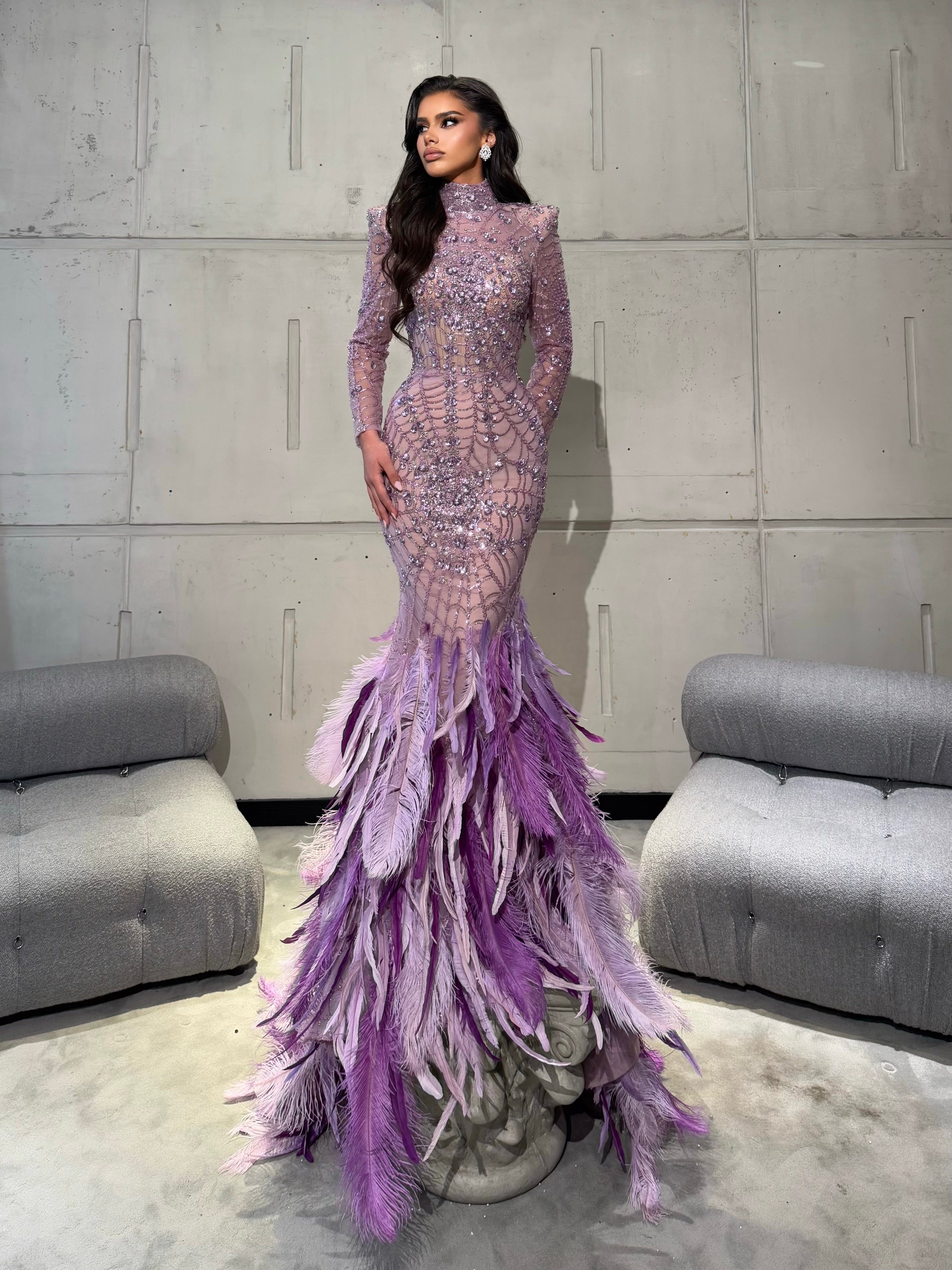 Lilac Feathered Dress with Open Back