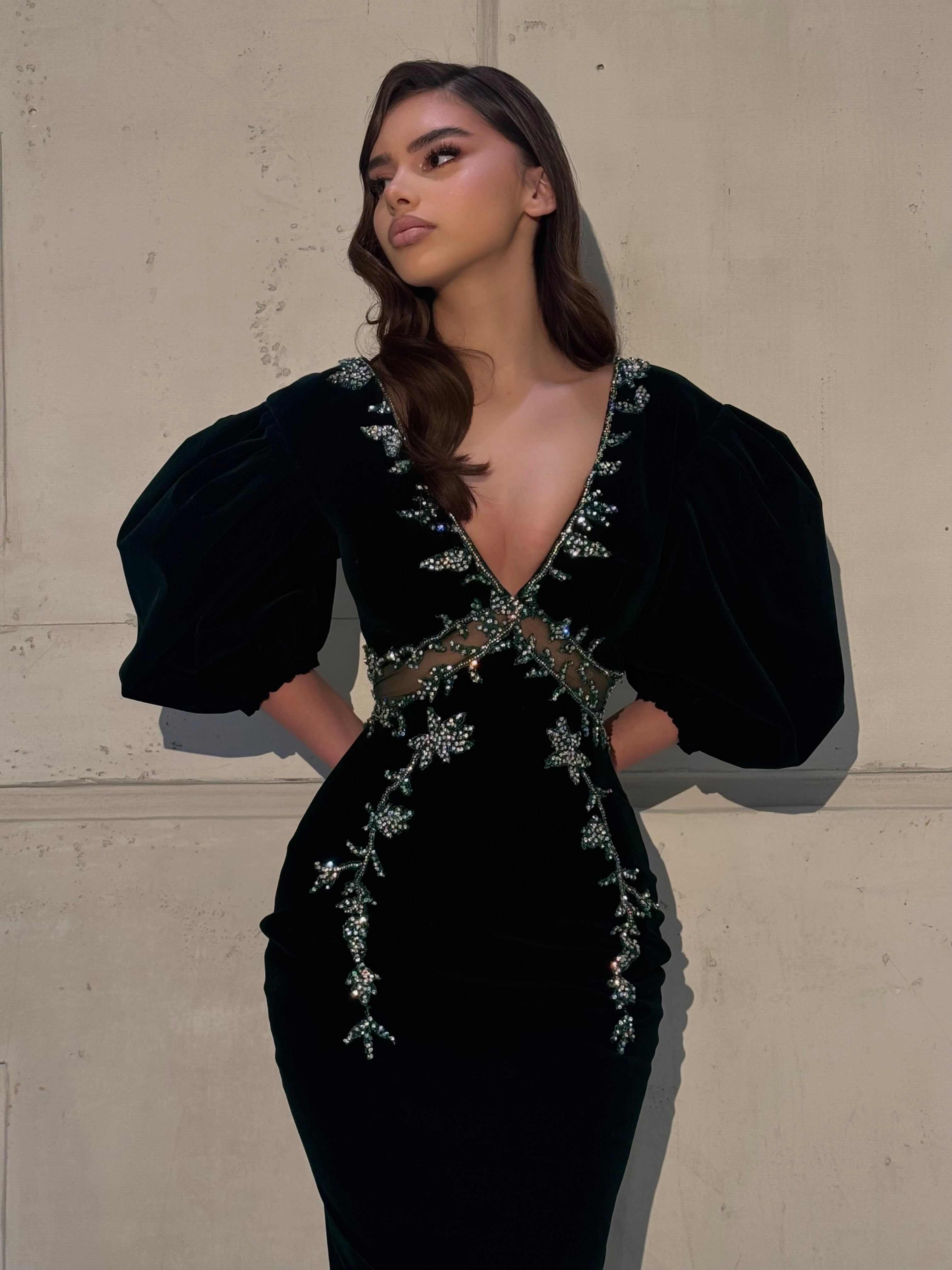 Viona - Crystal Embellished Puff Sleeve Gown