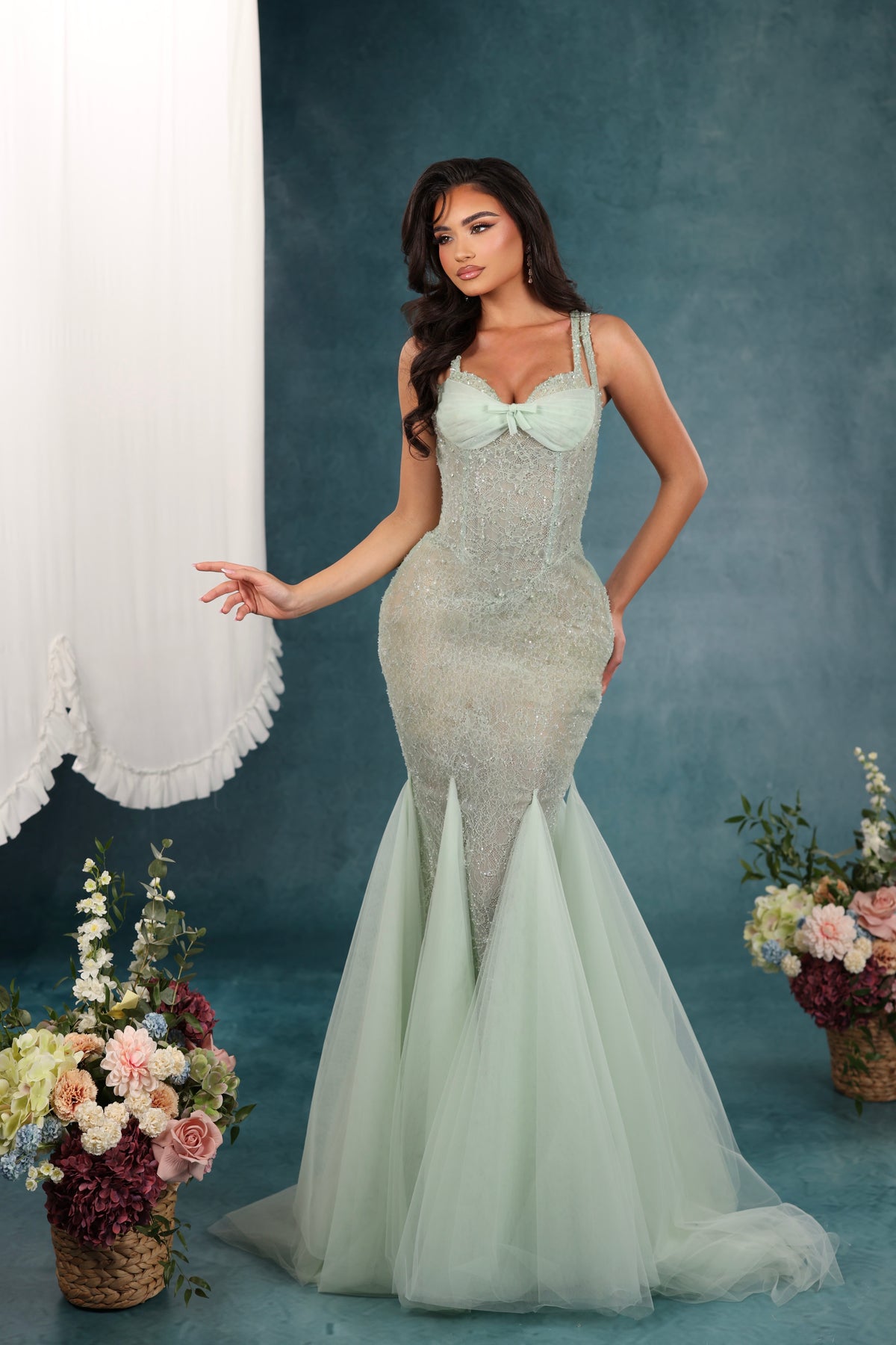 Mirona - Bow Detail Tulle Mermaid Gown