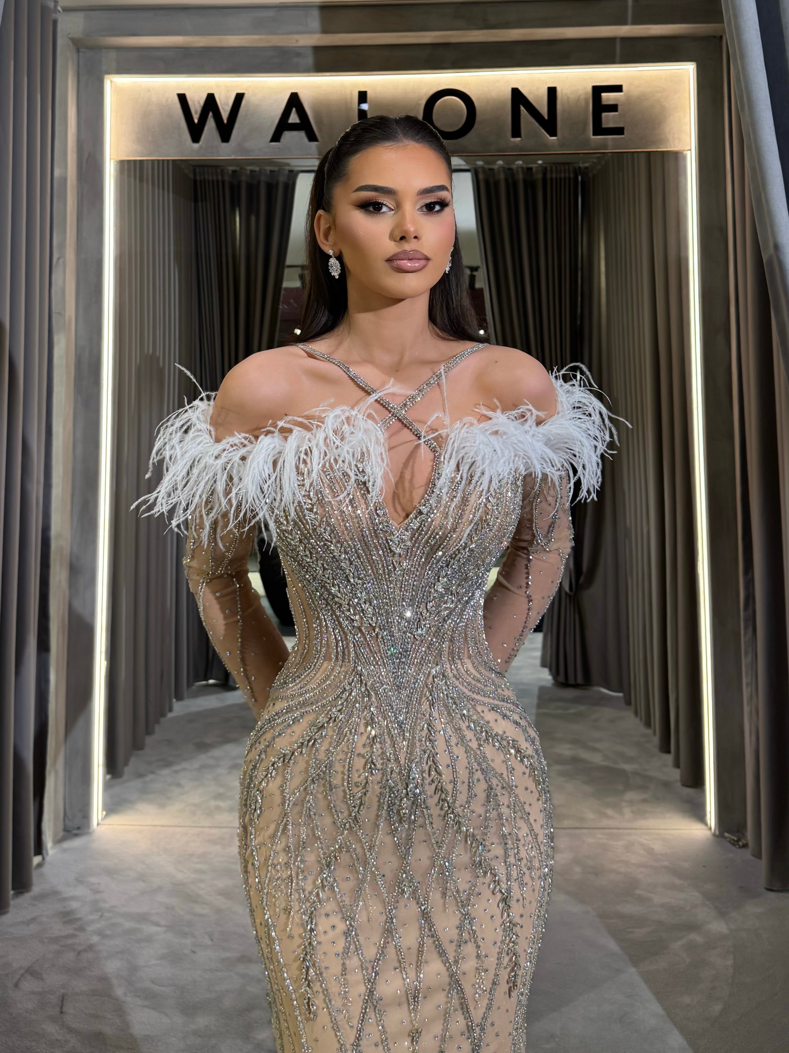 Dusty Pink & Beige Dress with Beading and Feather Accents