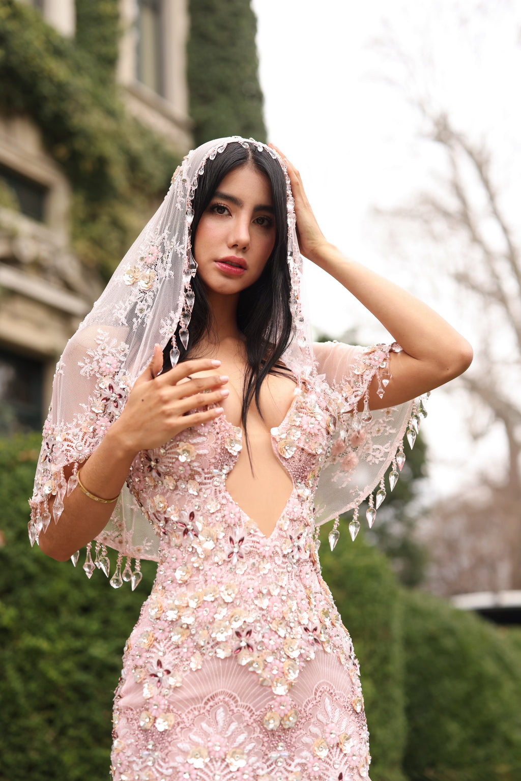 Bellaria - Embellished Deep V Lace Gown