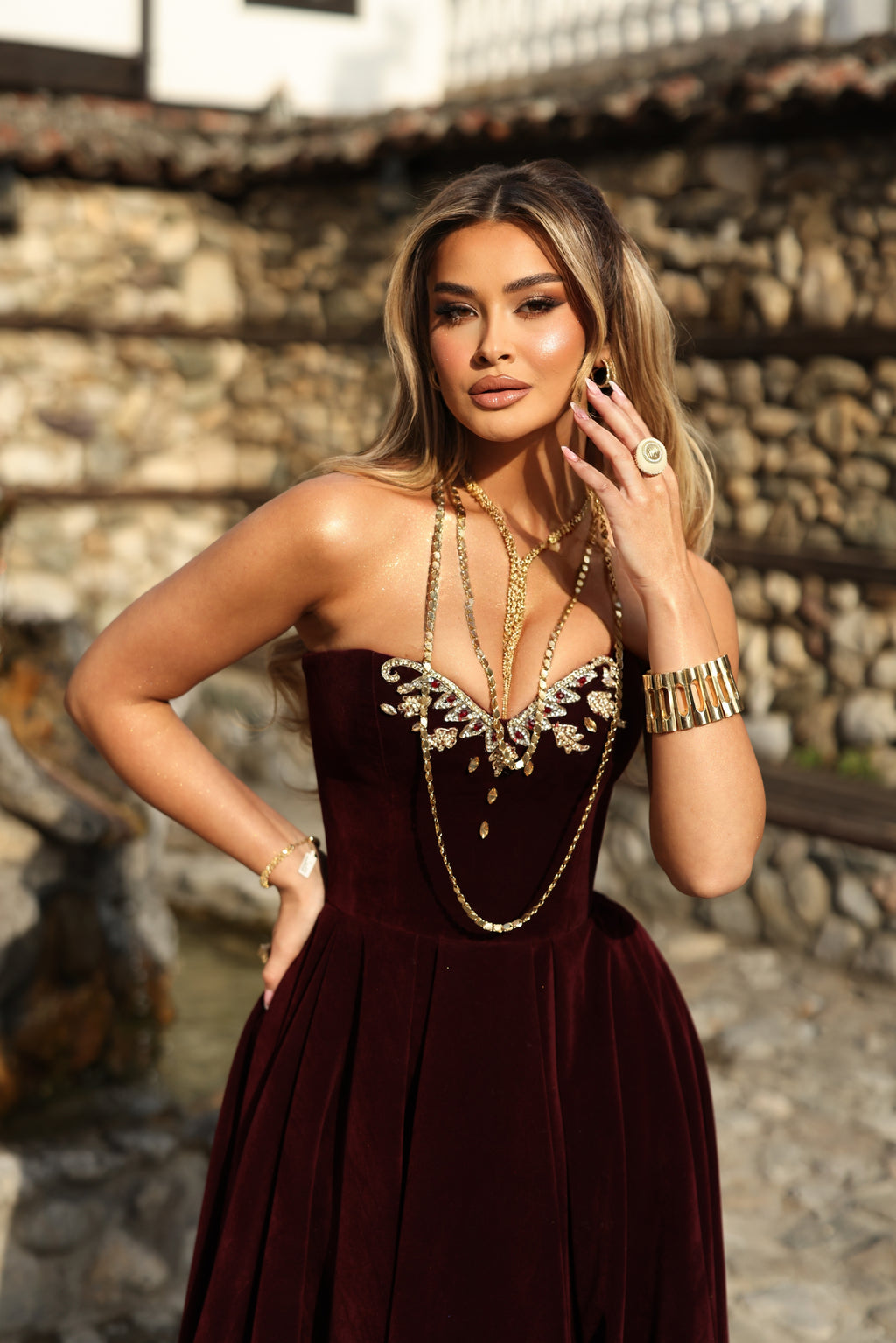 Rozafa - Velvet Embroidered Gown with Jacket