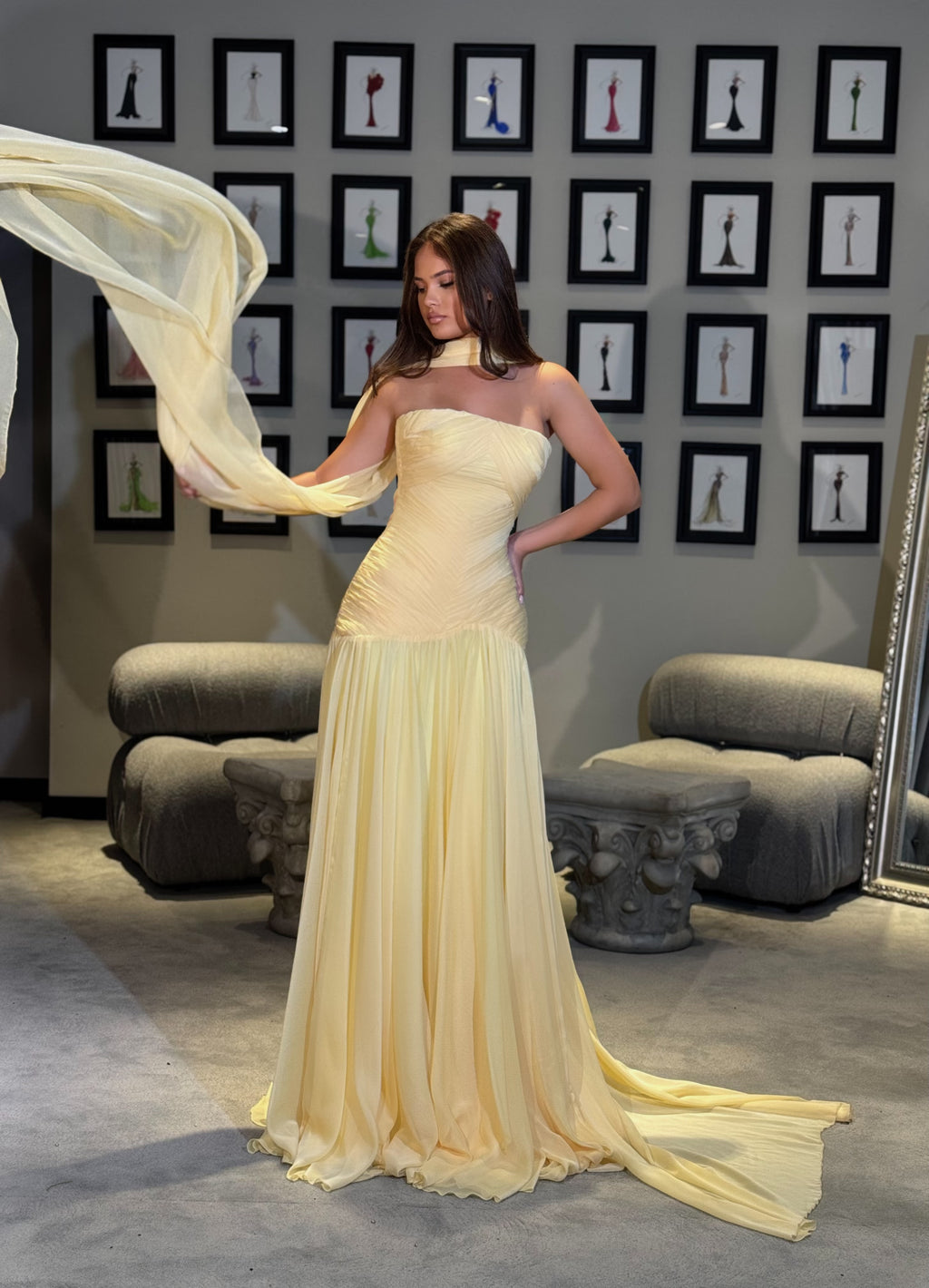 Dorèa - Ruched drop waist chiffon gown