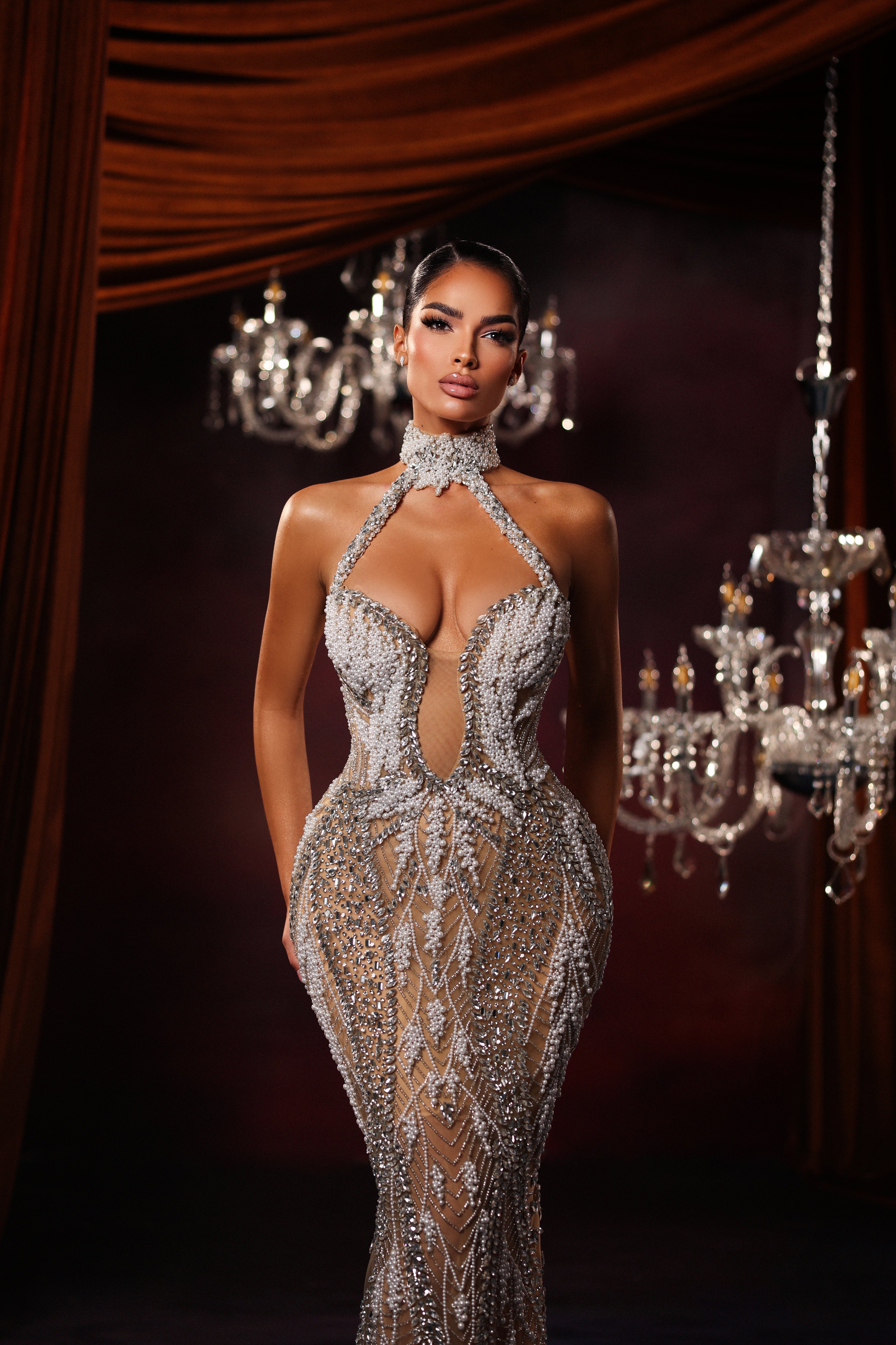 Crystal embellished dress with halter neck XS