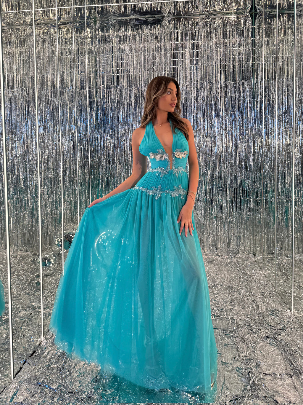 Aylin – Turquoise Halter Crystal Gown