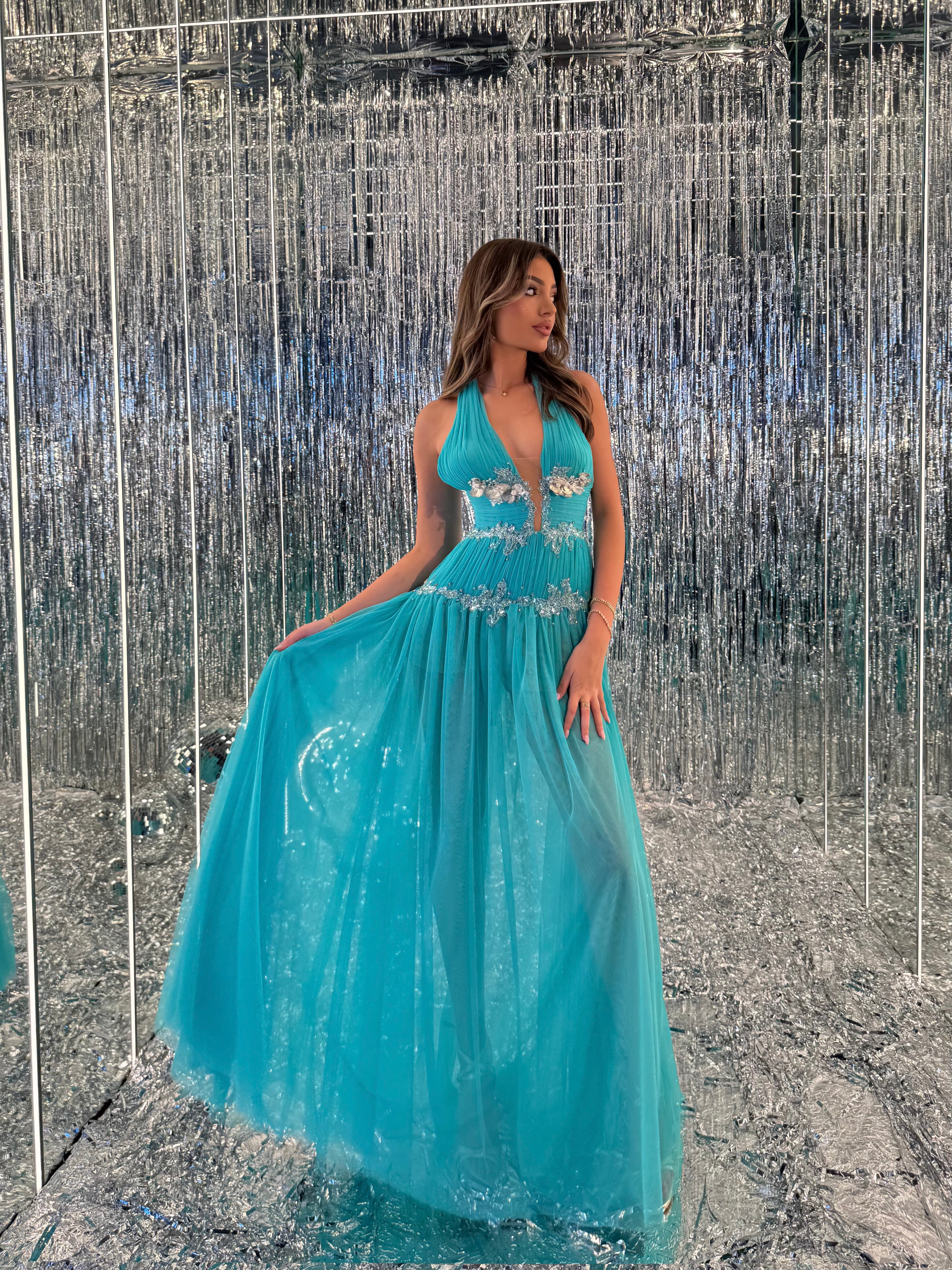 Aylin – Turquoise Halter Crystal Gown