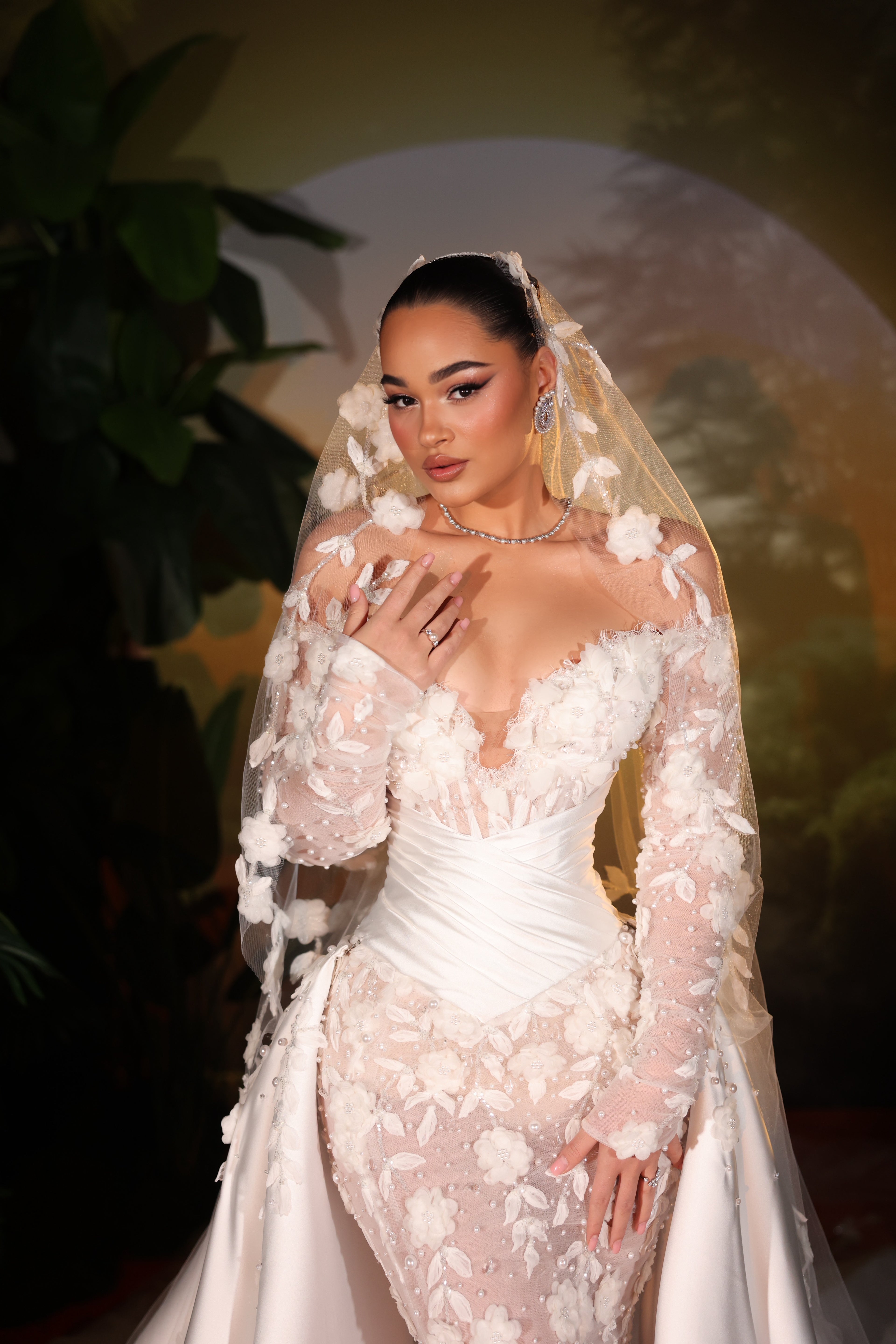 Vionelle - Floral Mermaid Gown with Detachable Cape