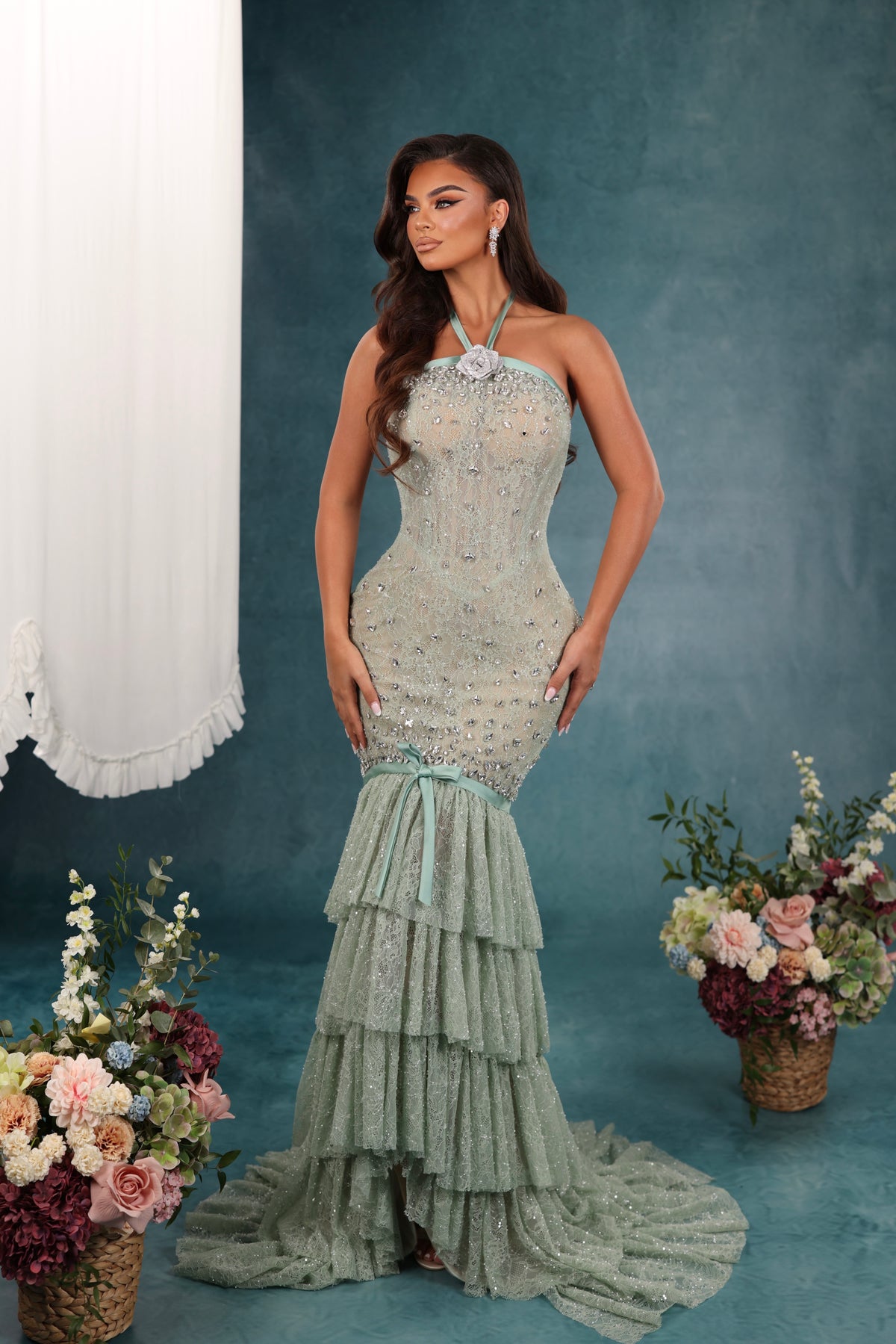 Dielina - Crystal Lace Tiered Mermaid Gown