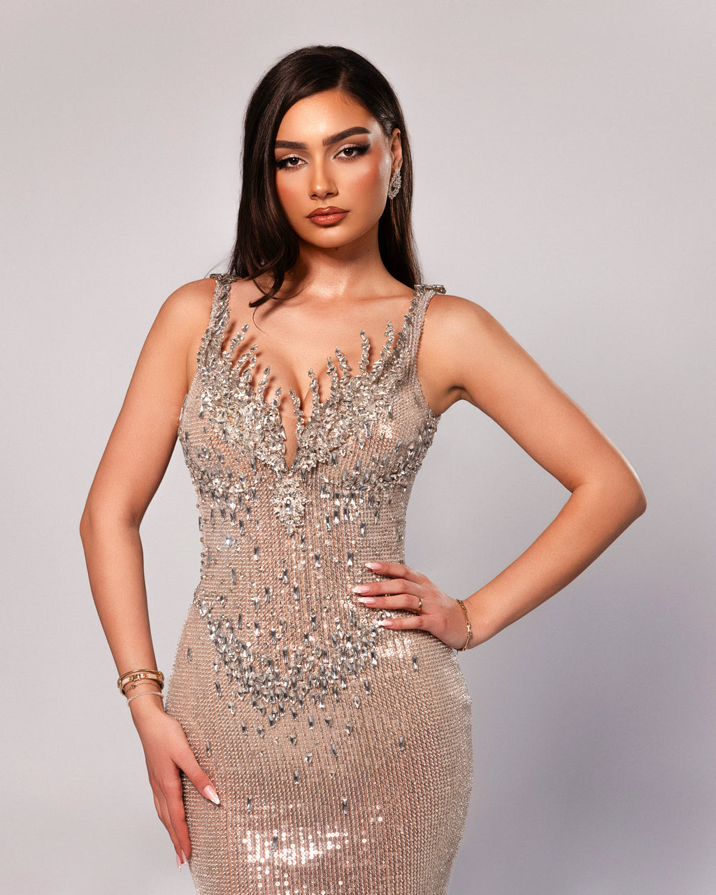 Plunging Neckline Sequin Gown with Detachable Overskirt