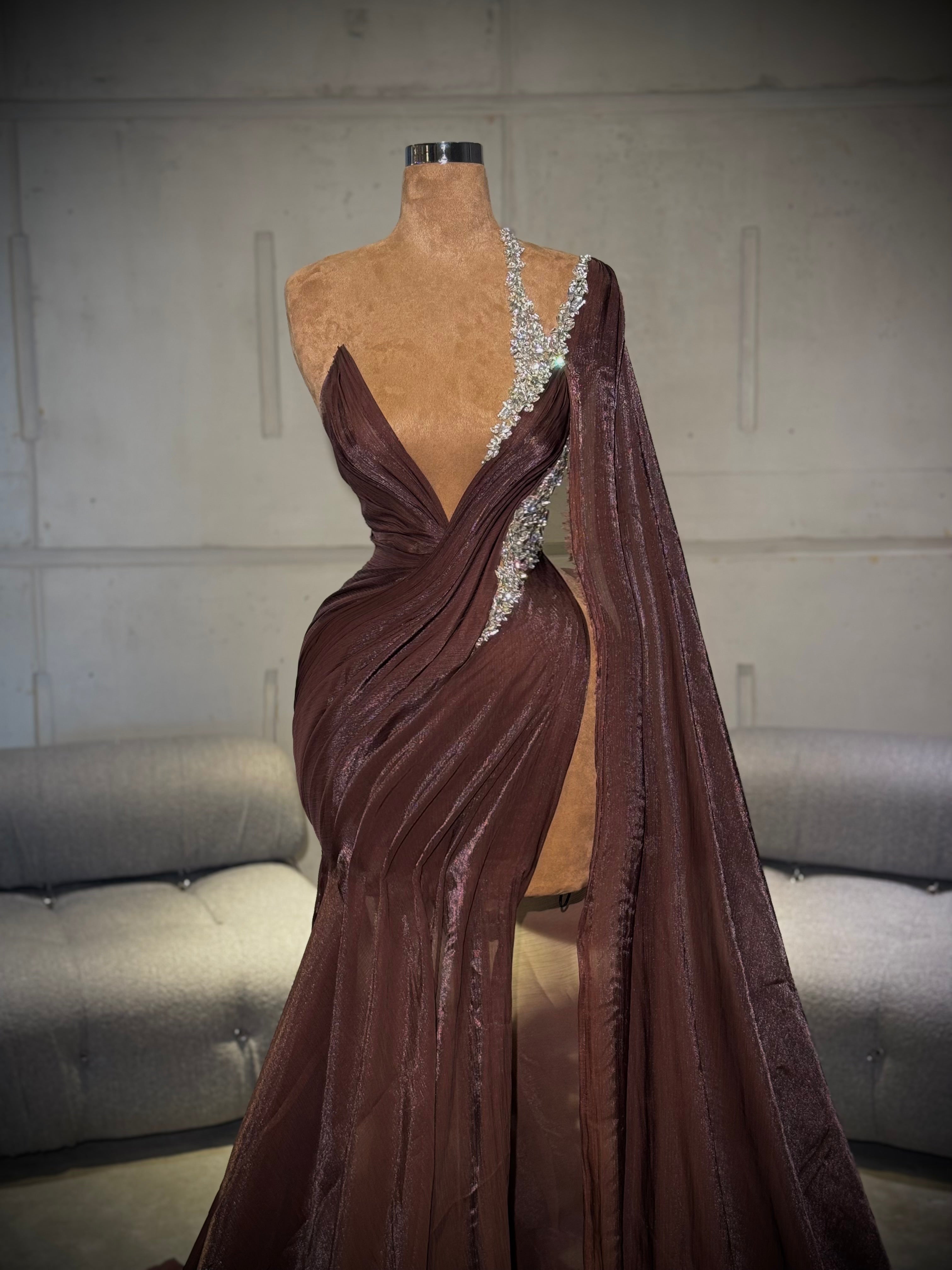 Layla – Brown Draped Gown with Crystal Detailing