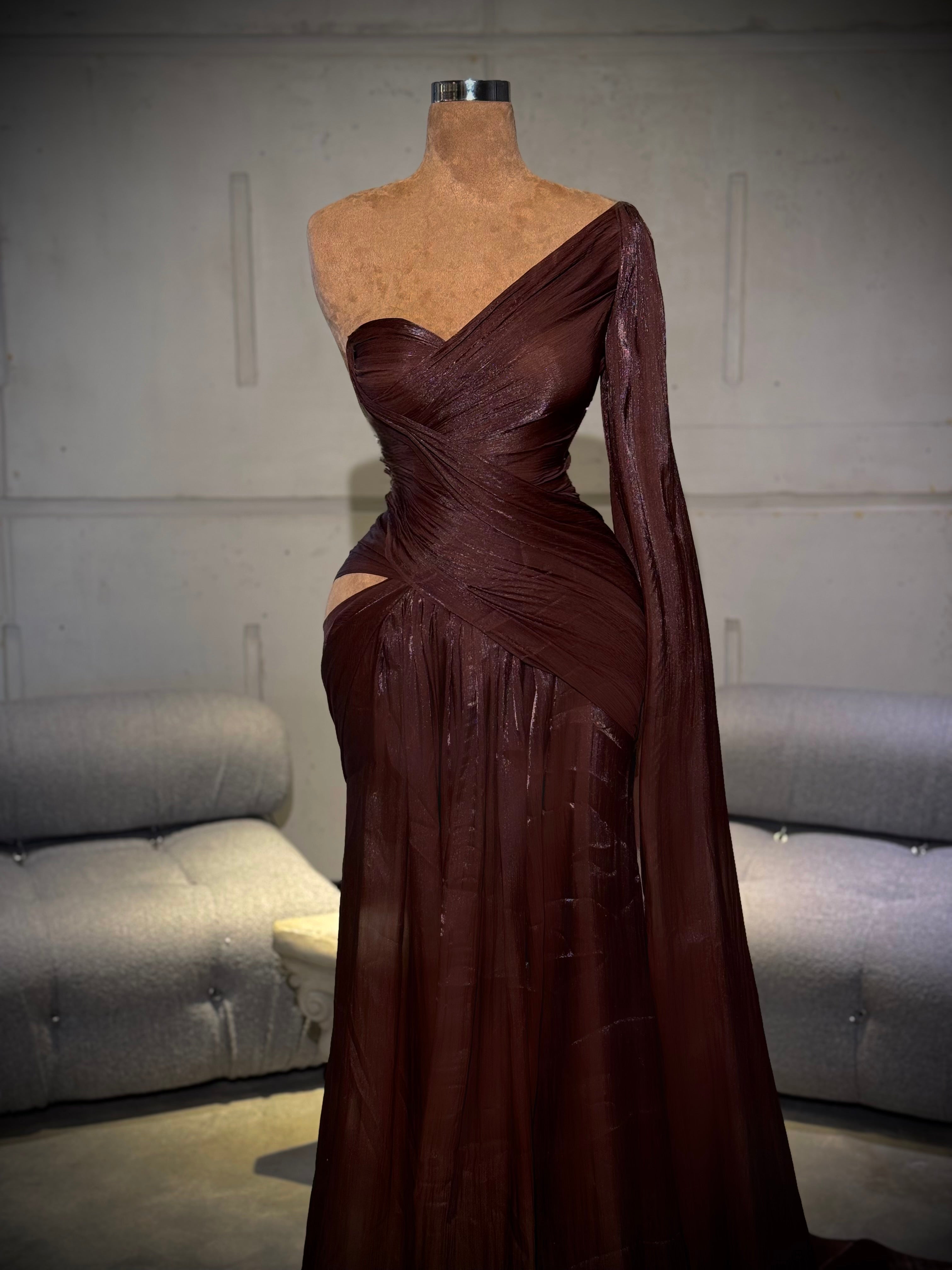 Elena - One Shoulder Chocolate Evening Gown with Train