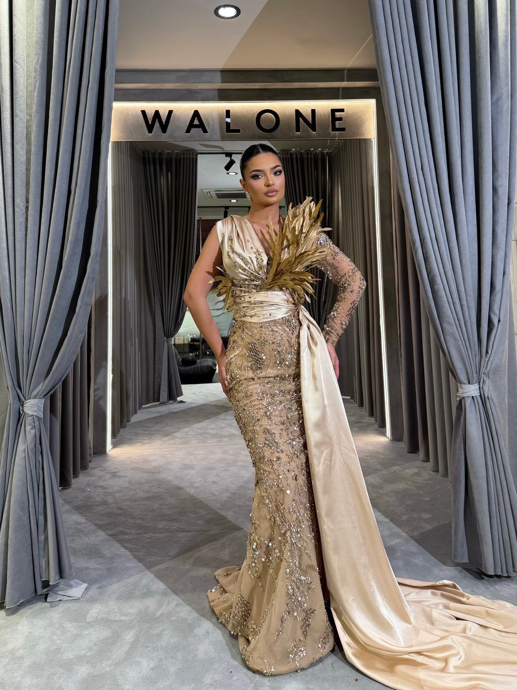 Golden Drape Feather Gown