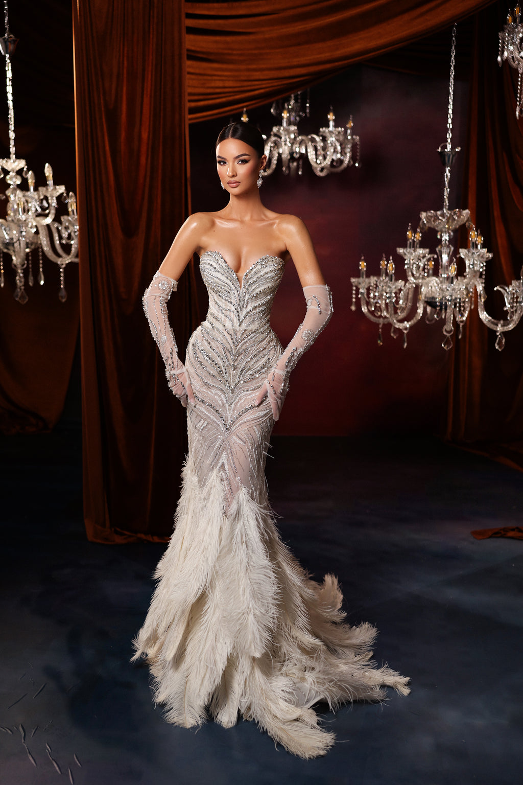 Strapless Feather Embellished Mermaid Gown