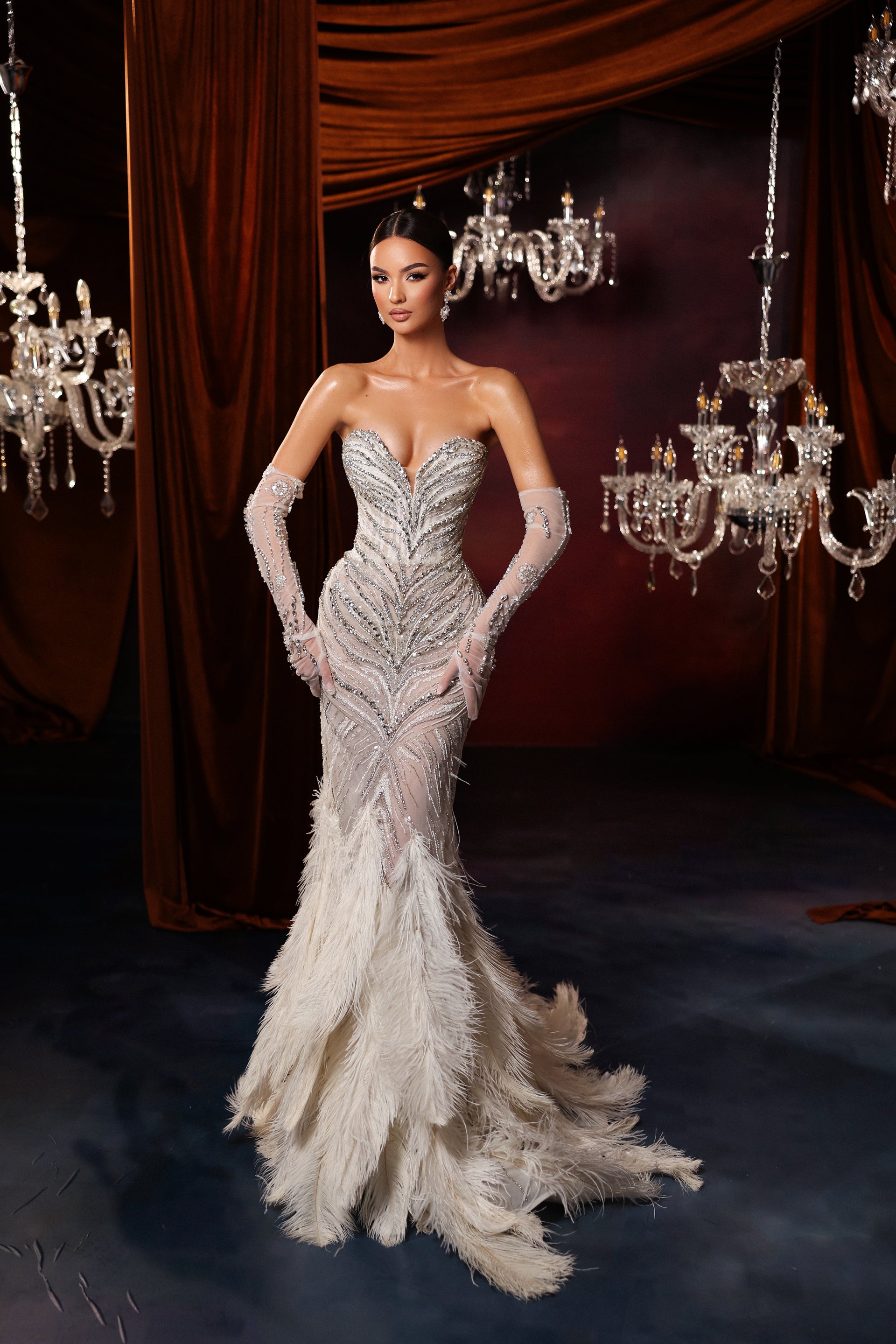 Strapless Feather Embellished Mermaid Gown – Walone LLC