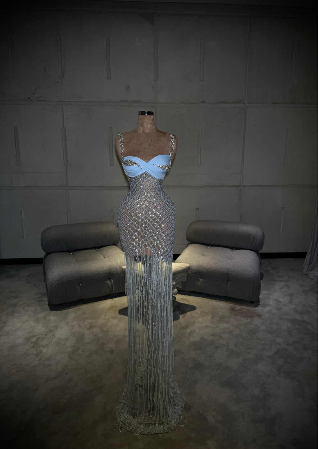 Marielle - Silver Beaded Fringe Gown