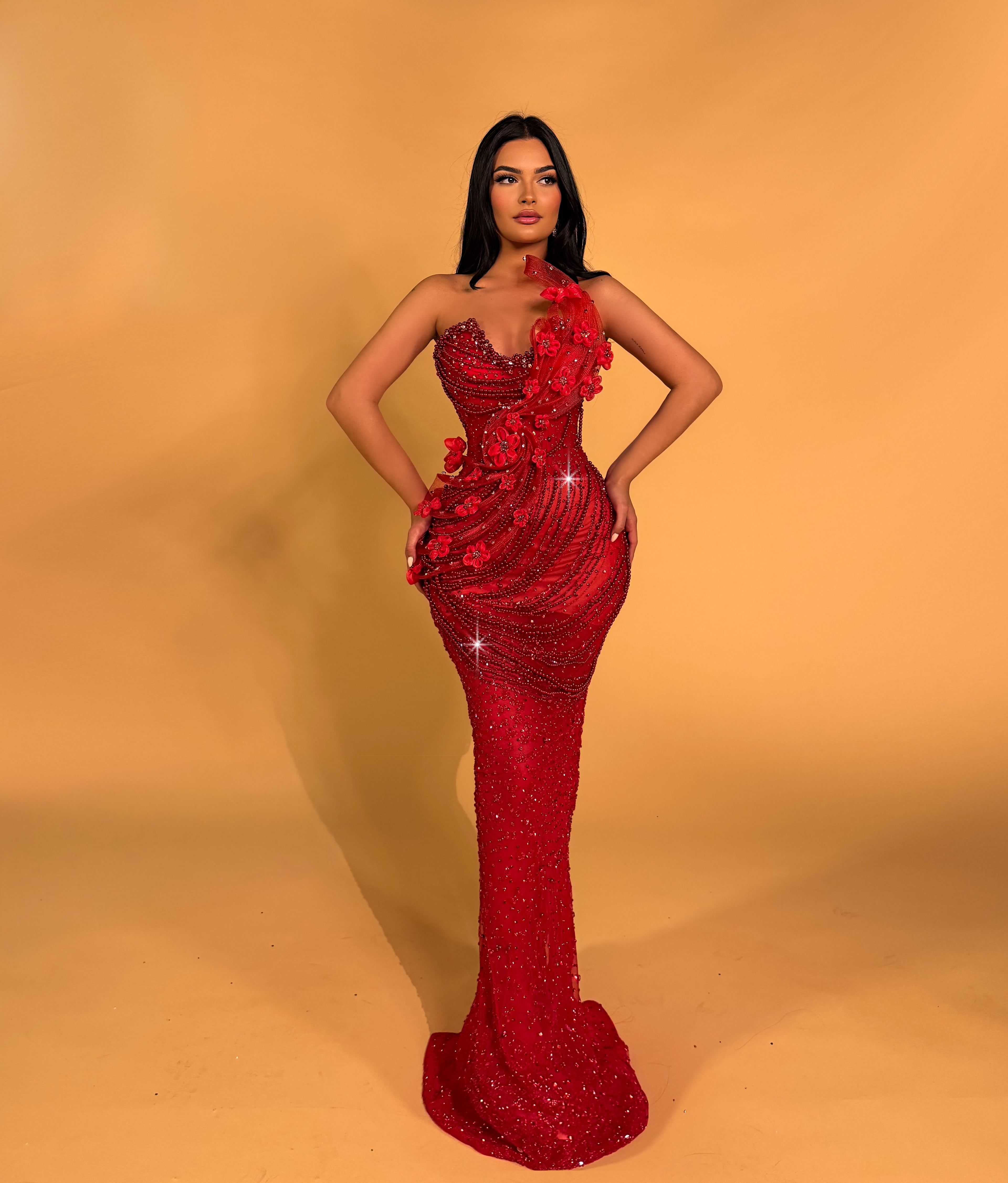 One-Shoulder Gown with Draped Beading and 3D Flowers