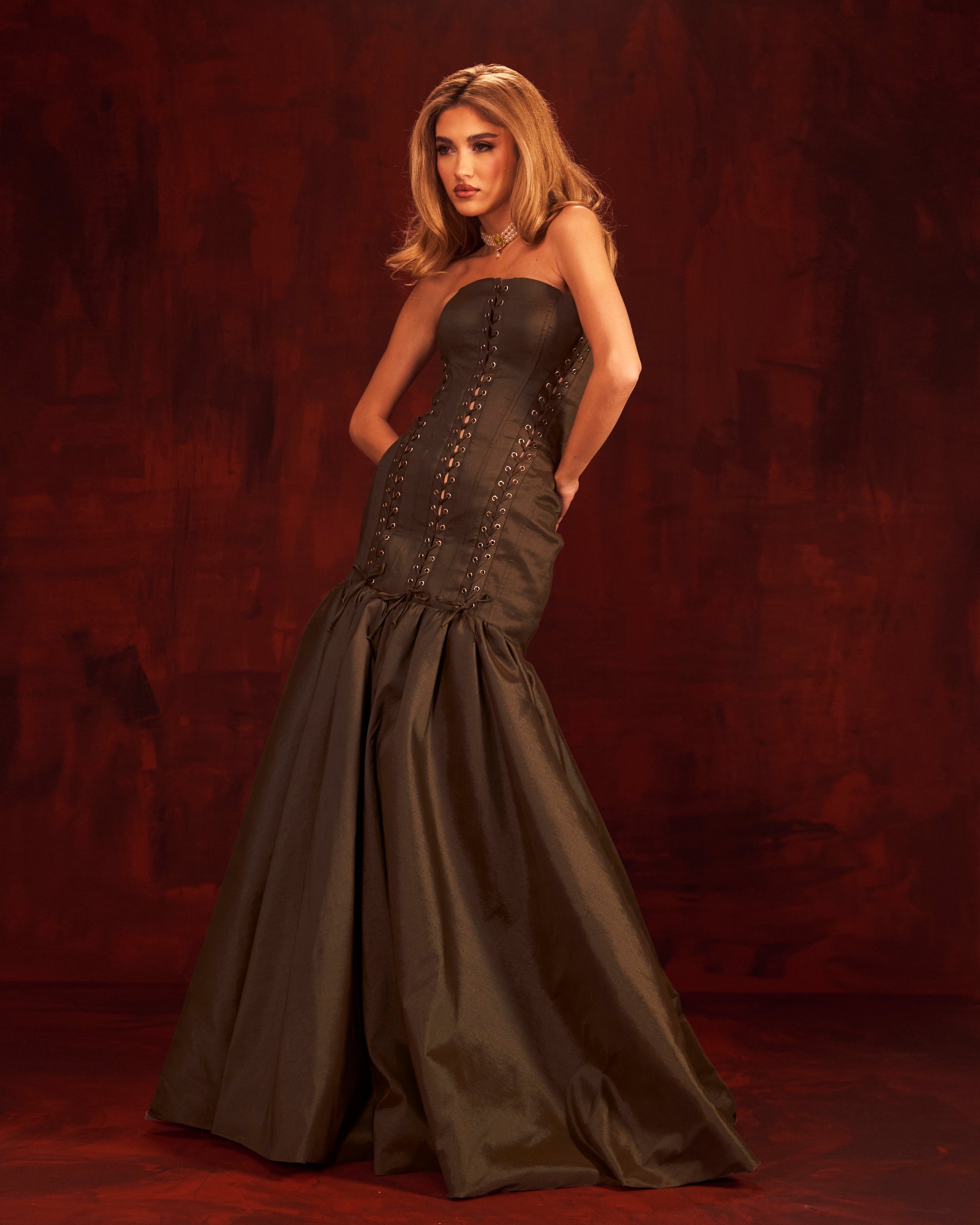 Ardenisa - Olive Lace Up Mermaid Gown M Ardenisa - Olive Lace Up Mermaid Gown M
