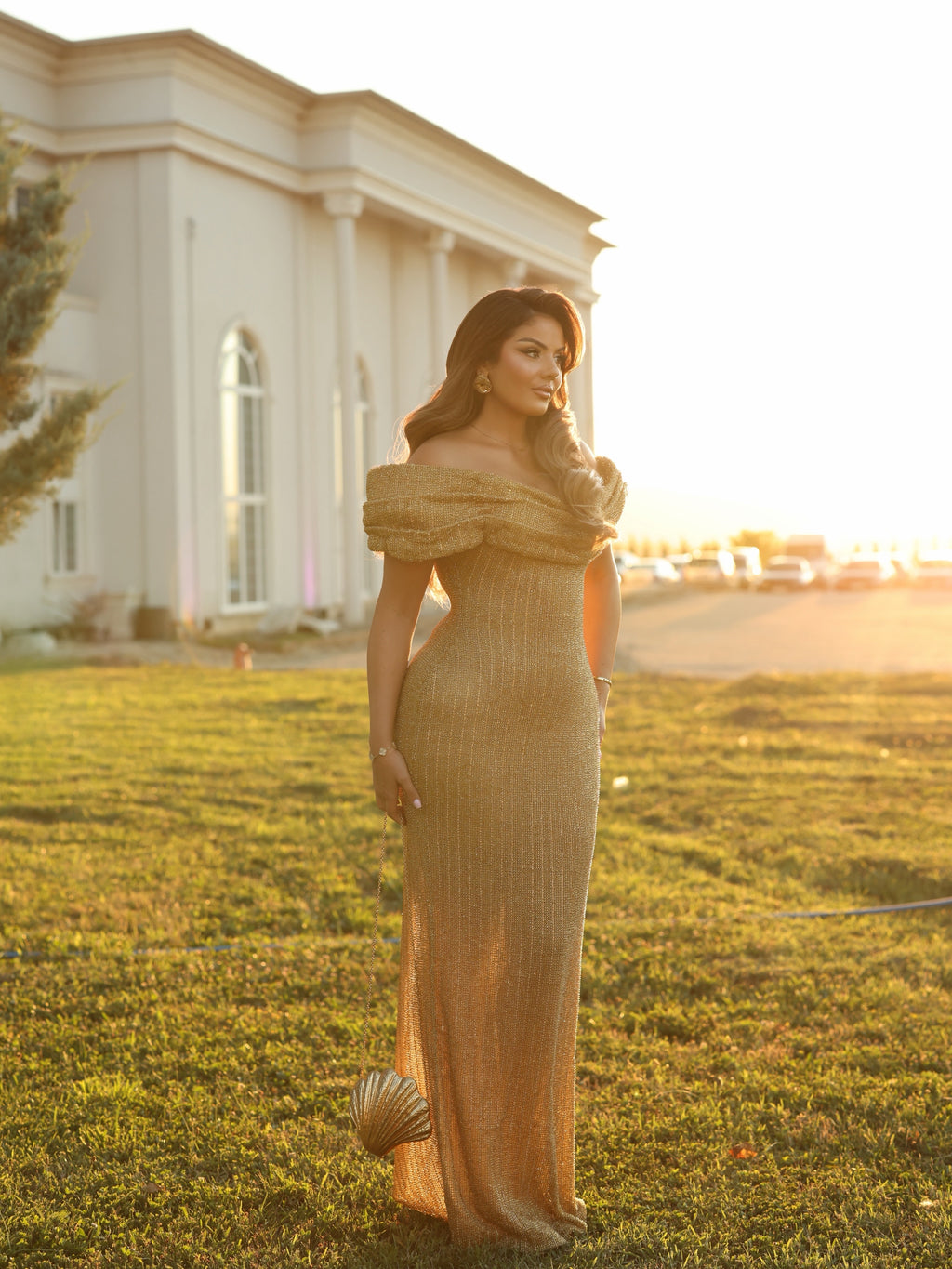 Erla - Draped Off Shoulder Crystal Gown