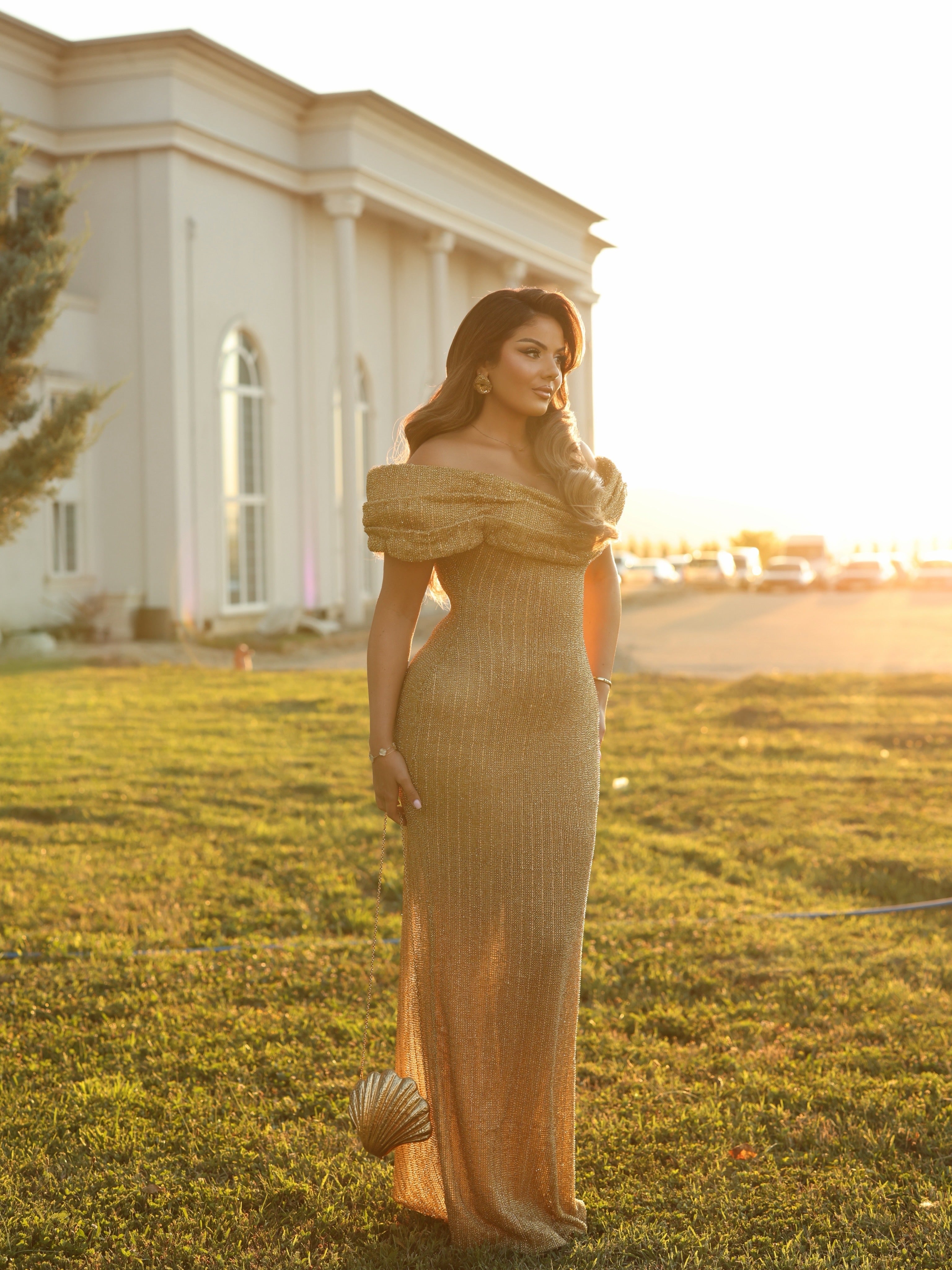 Erla - Draped Off Shoulder Crystal Gown