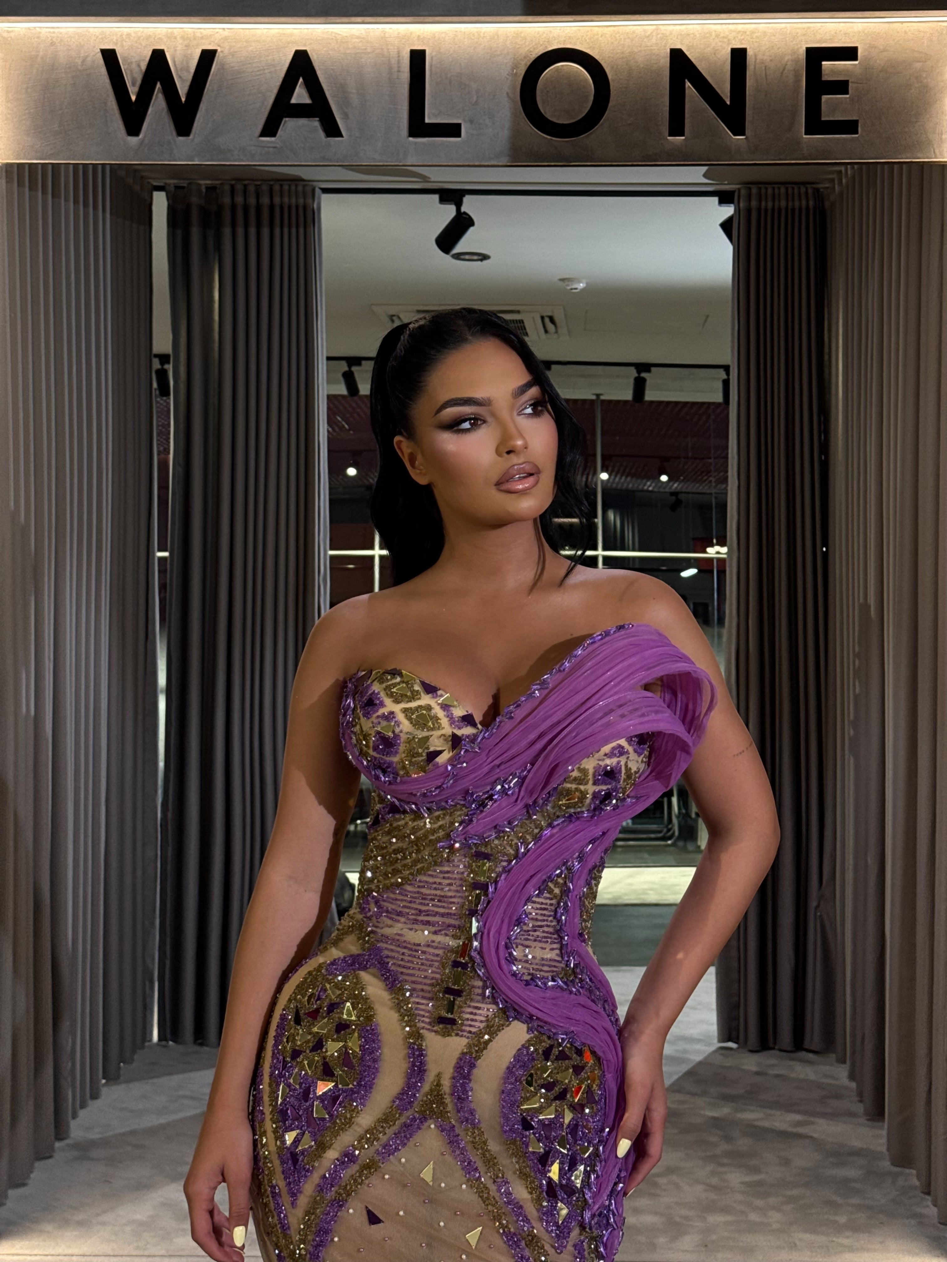 Nude Dress with purple & gold detailing Walone LLC Nude Dress with purple & gold detailing Walone LLC