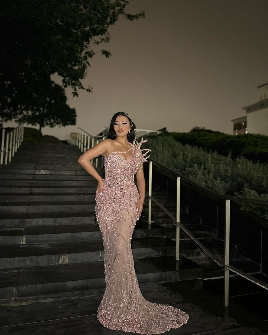 One shoulder dress with floral embellishments