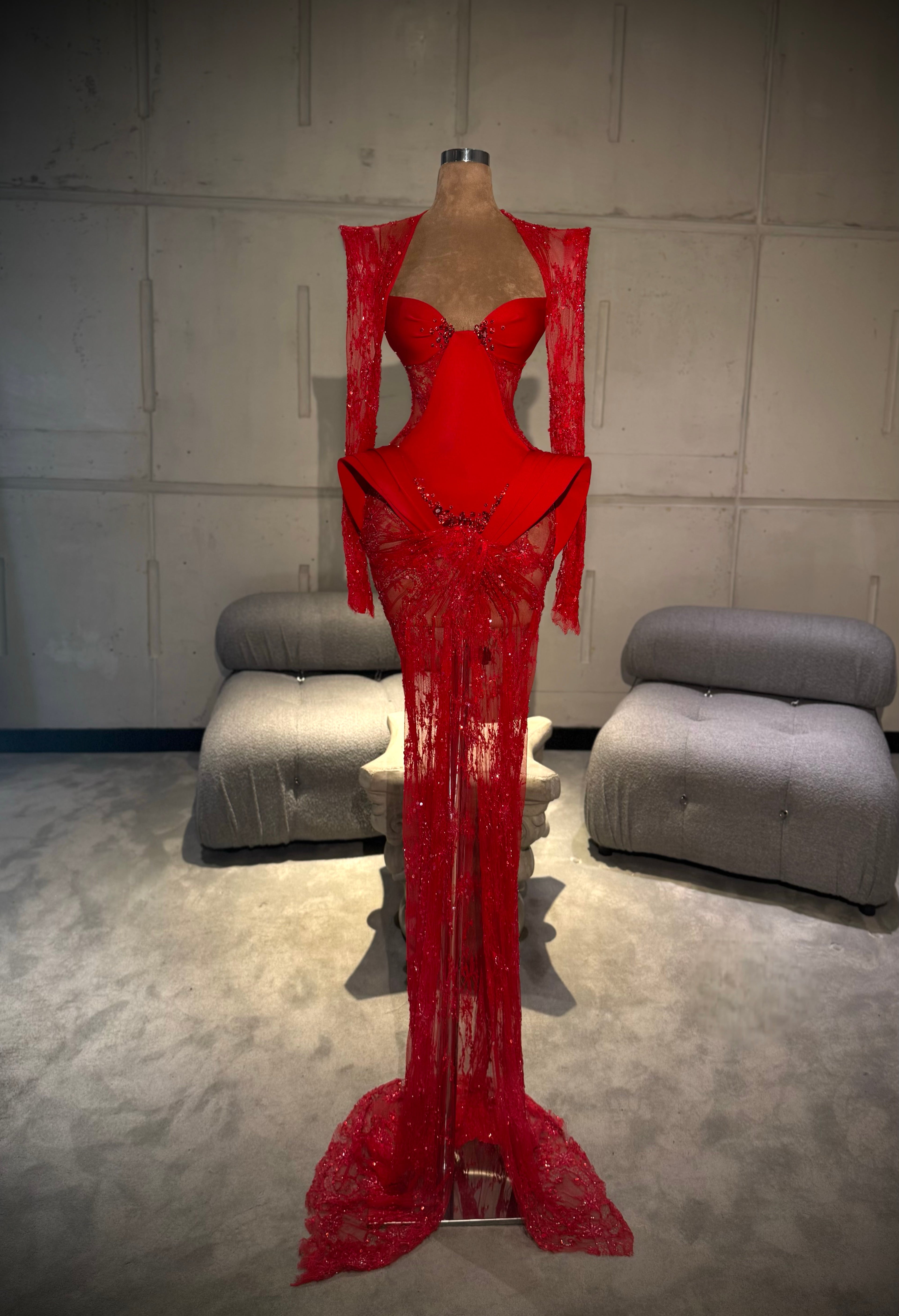 Seliena - Red Gown with Embellished sleeves