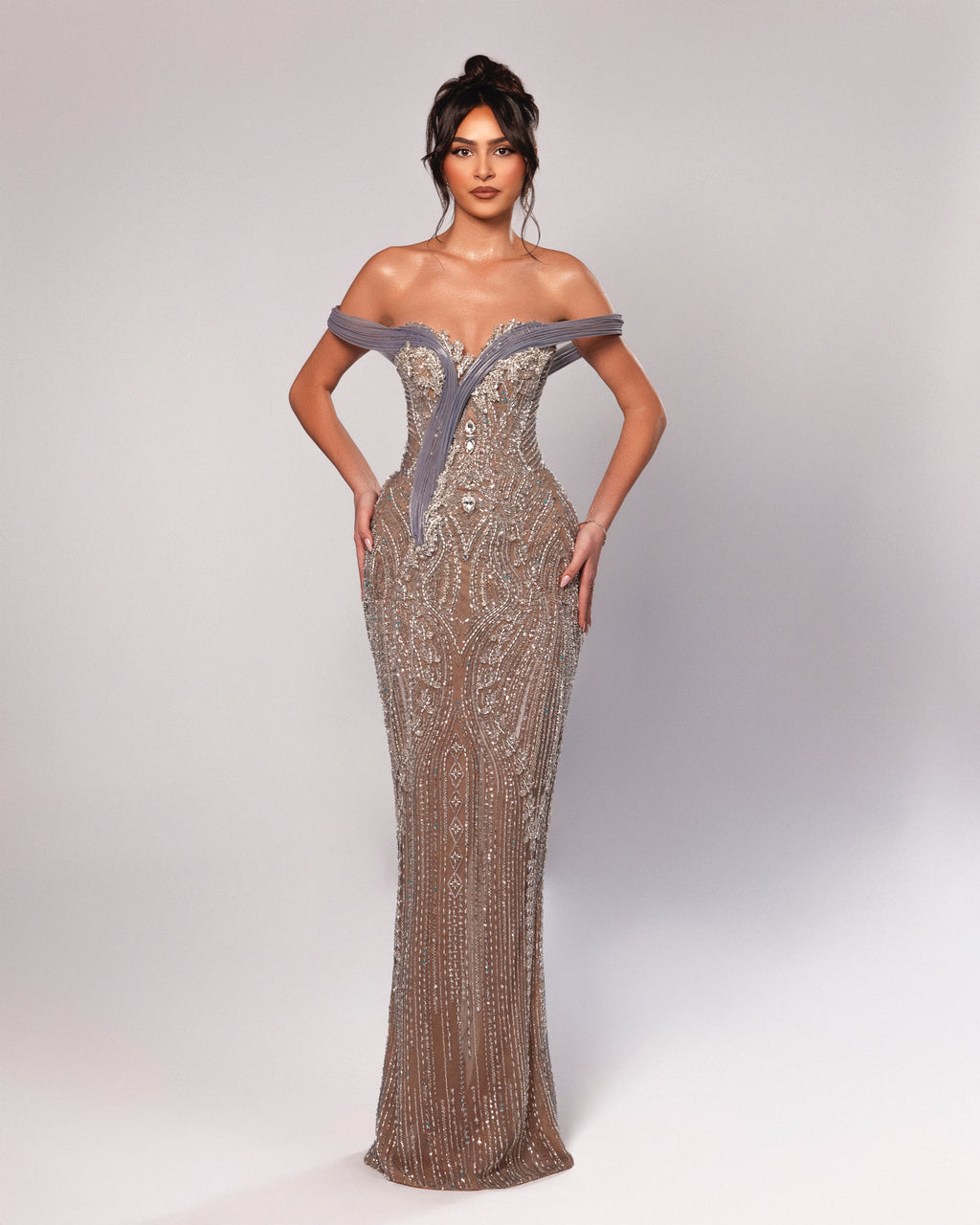 Off shoulder crystal embellished dress