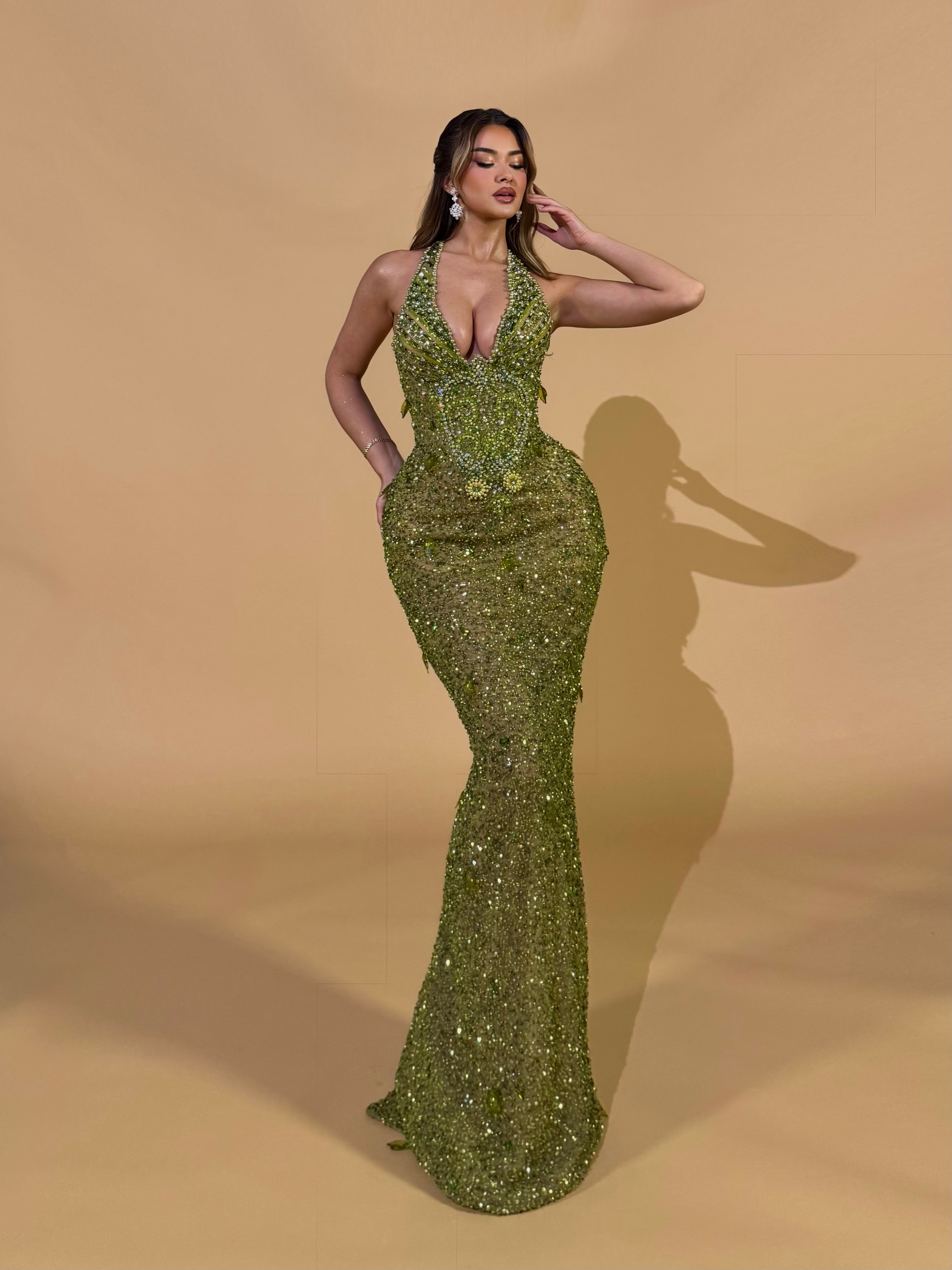 Halter Dress with Emerald Beaded Embellishments