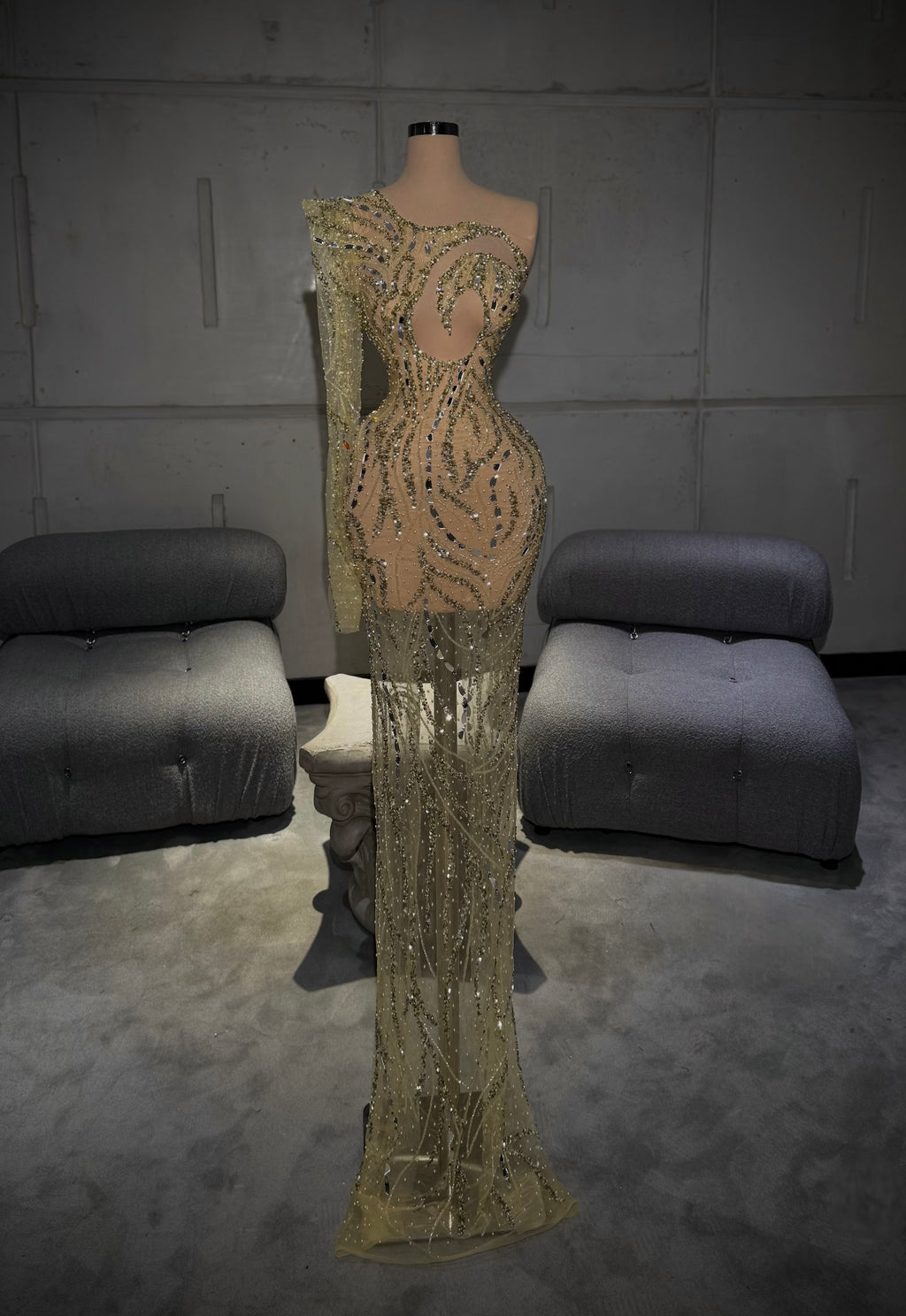 Urèla - One Shoulder Gold Mirror Gown