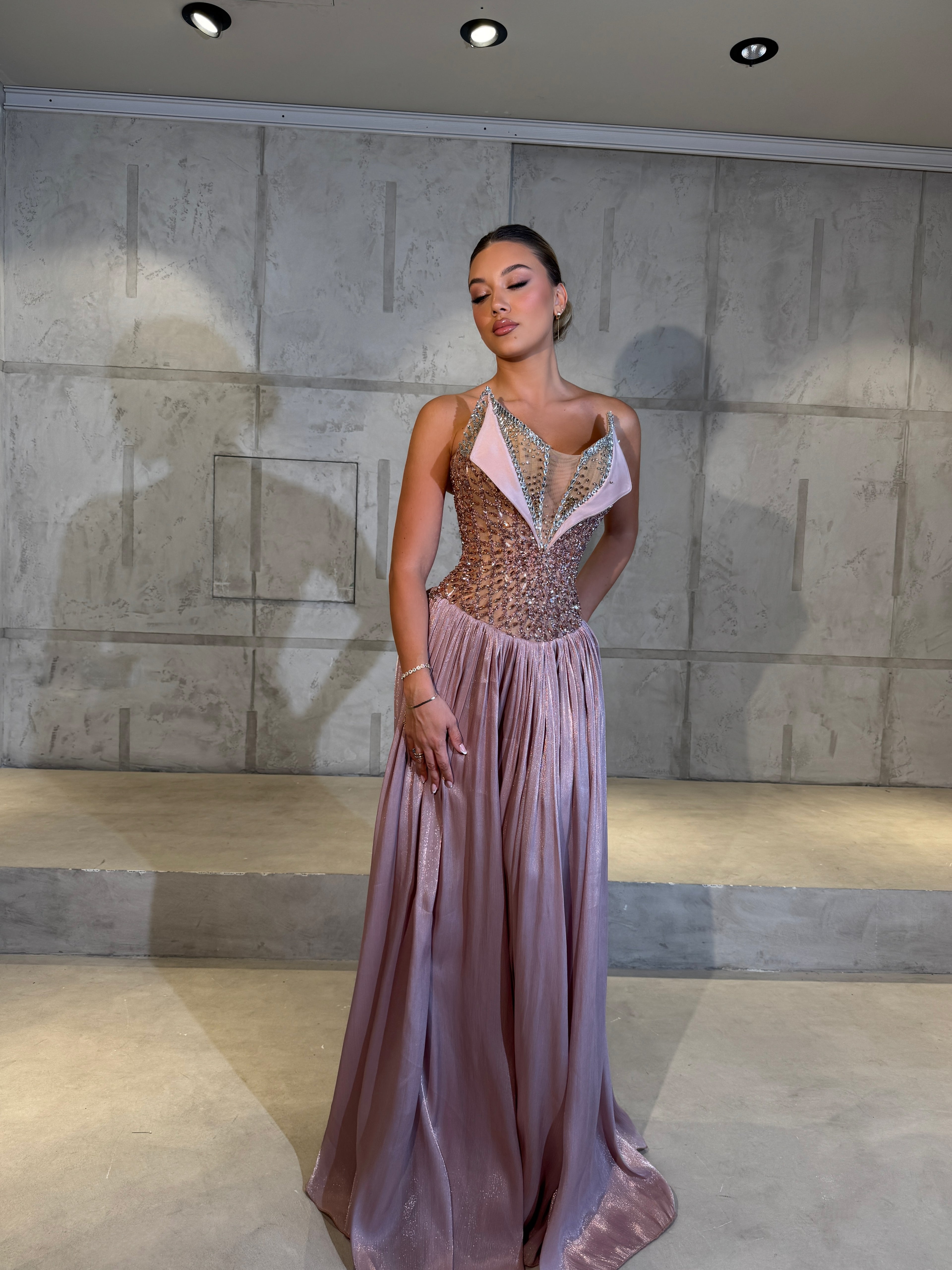 Renèe - Draped Metallic Blush Gown