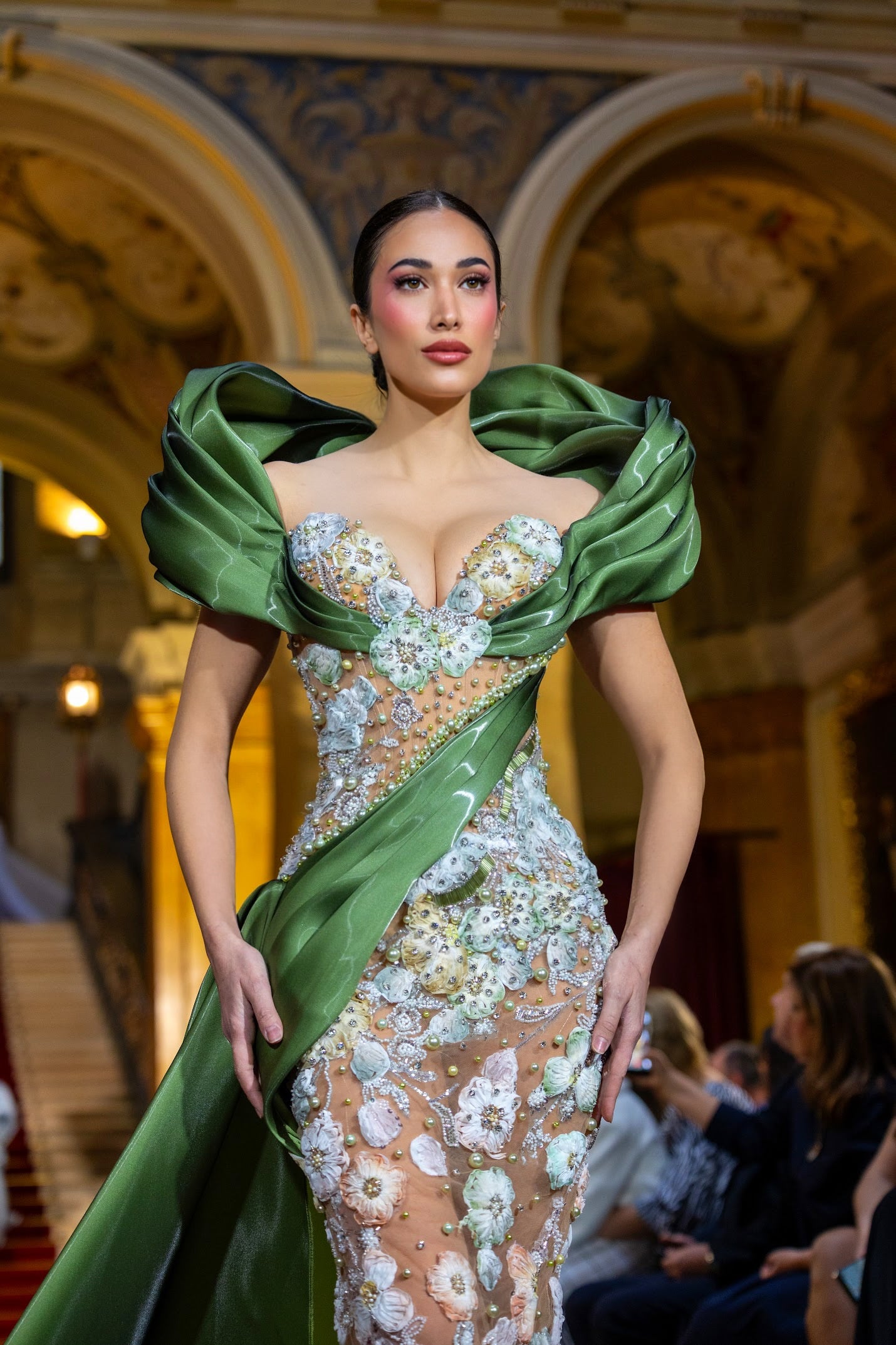 Riela - Draped Floral Gown with Pearl Embroidery