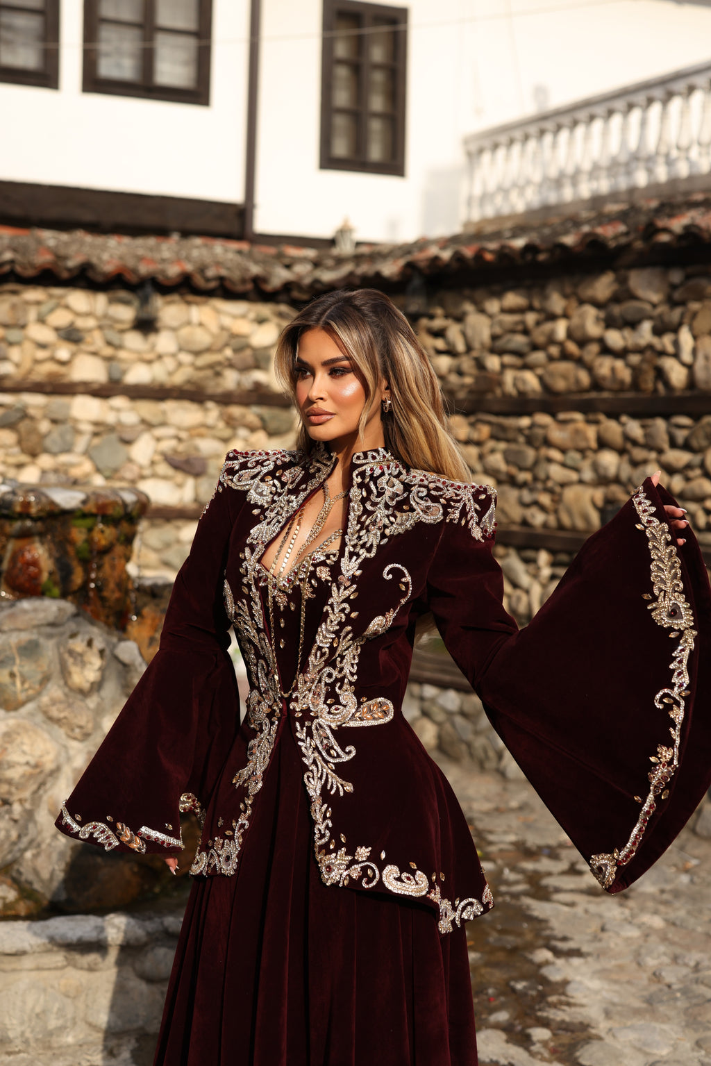 Rozafa - Velvet Embroidered Gown with Jacket
