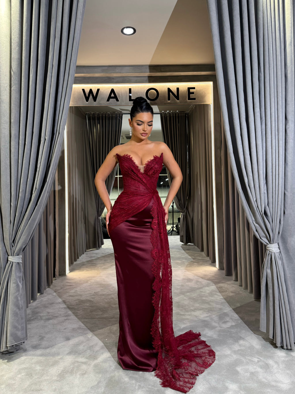 Lace Gown with Corset Bodice and Draped Side Train