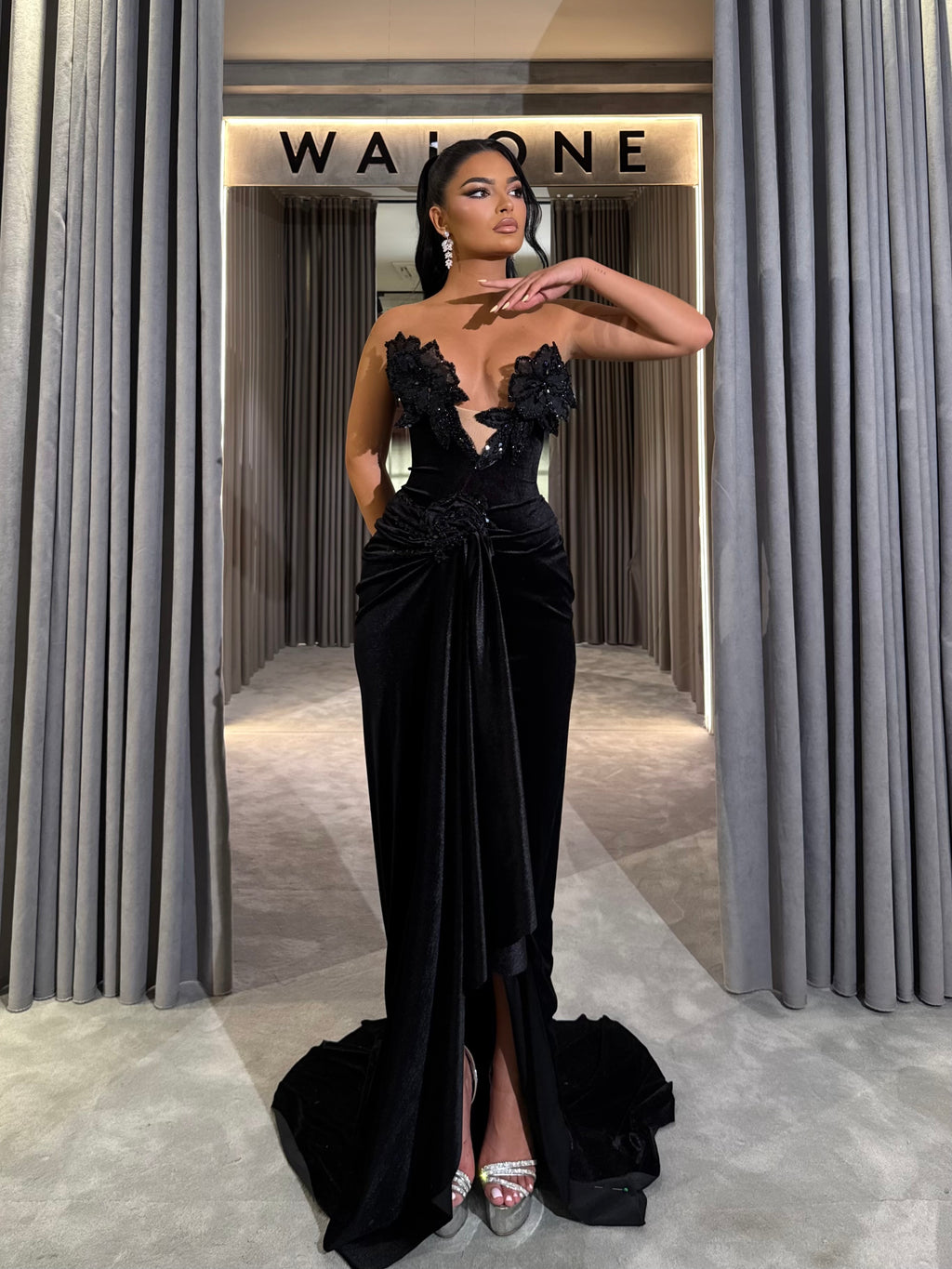 Black Velvet Gown with 3D Floral Appliqué & Draped Slit Skirt