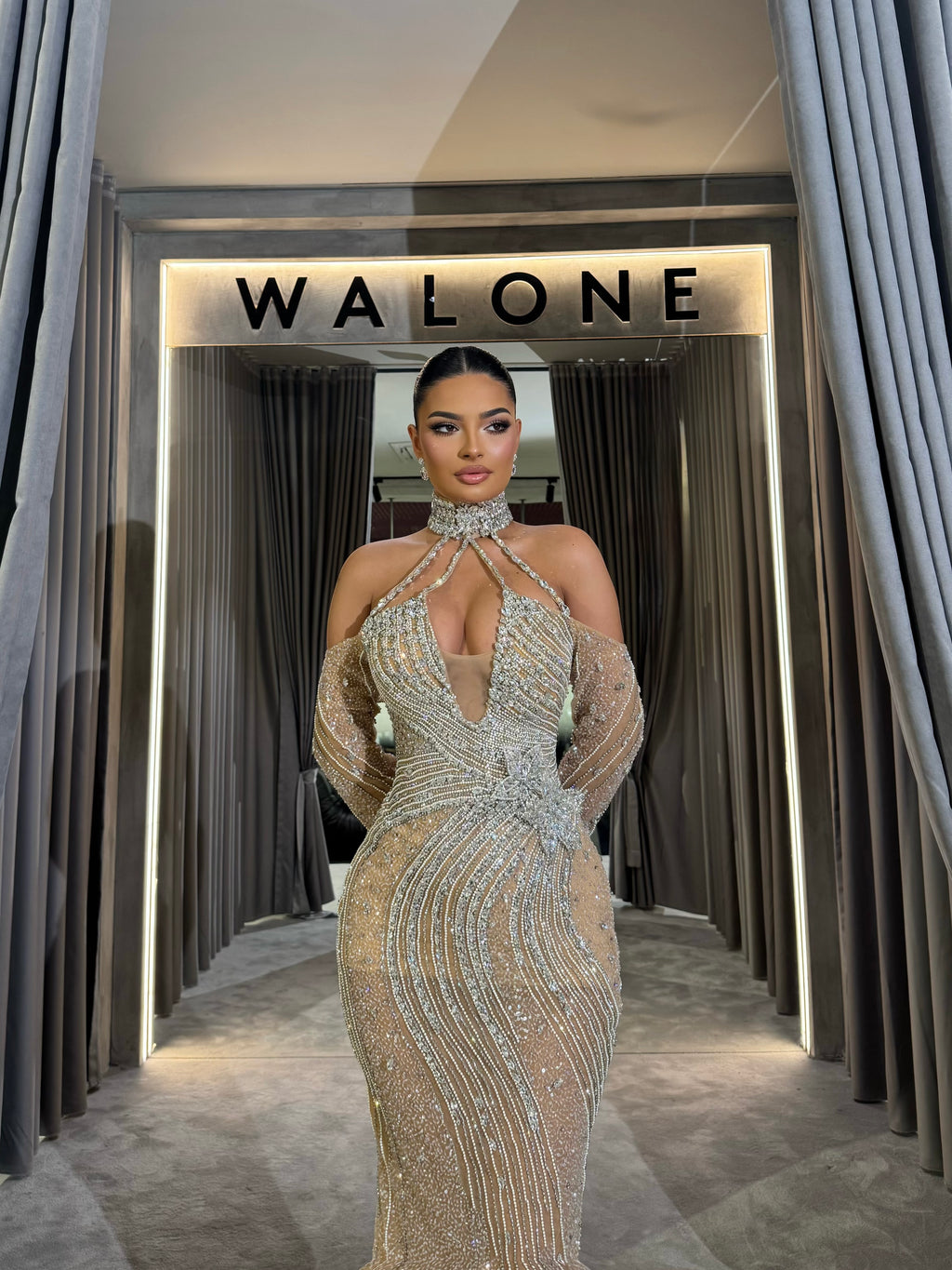 Champagne Crystal Choker Gown with Sheer Sleeves